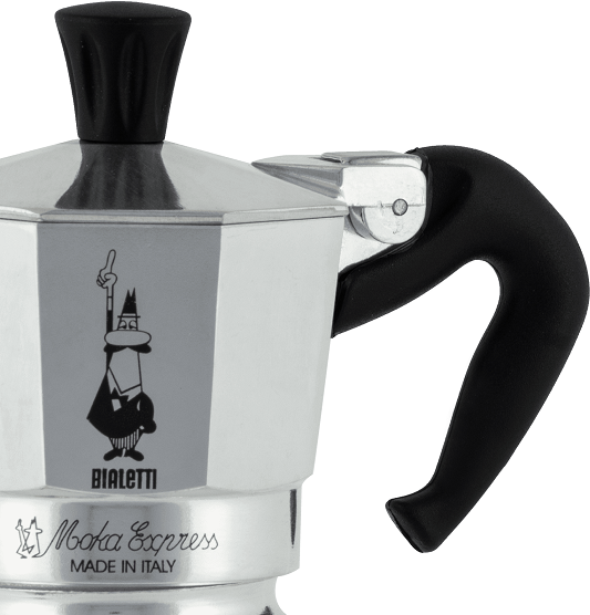 Ezüst Moka Express kávéfőző fekete fogantyúval és fedéllel, Bialetti logóval.