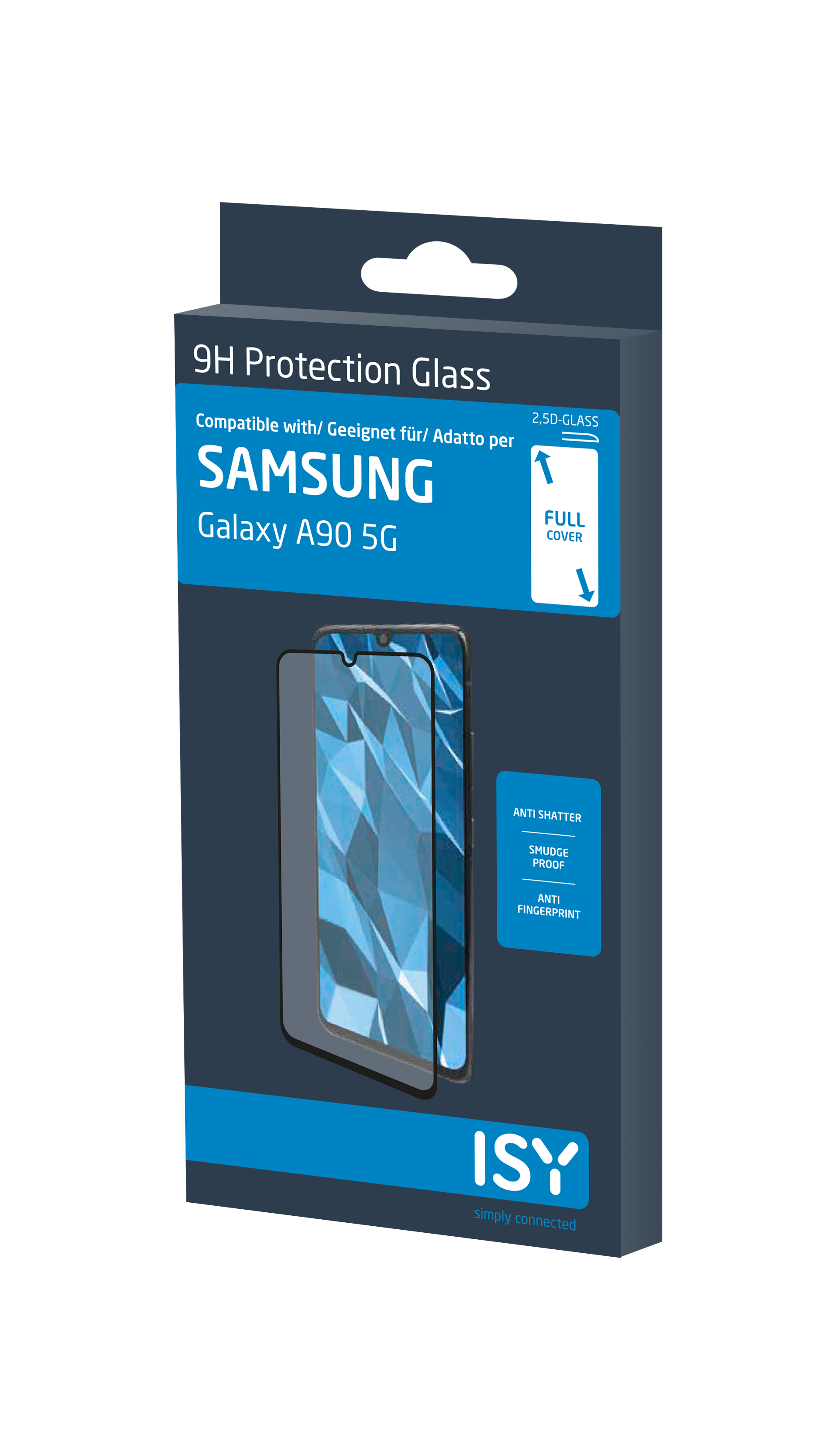 Eine Handy-Displayschutzfolienbox für ein Samsung Galaxy A90 5G, mit Produktdetails und einem Handybild.