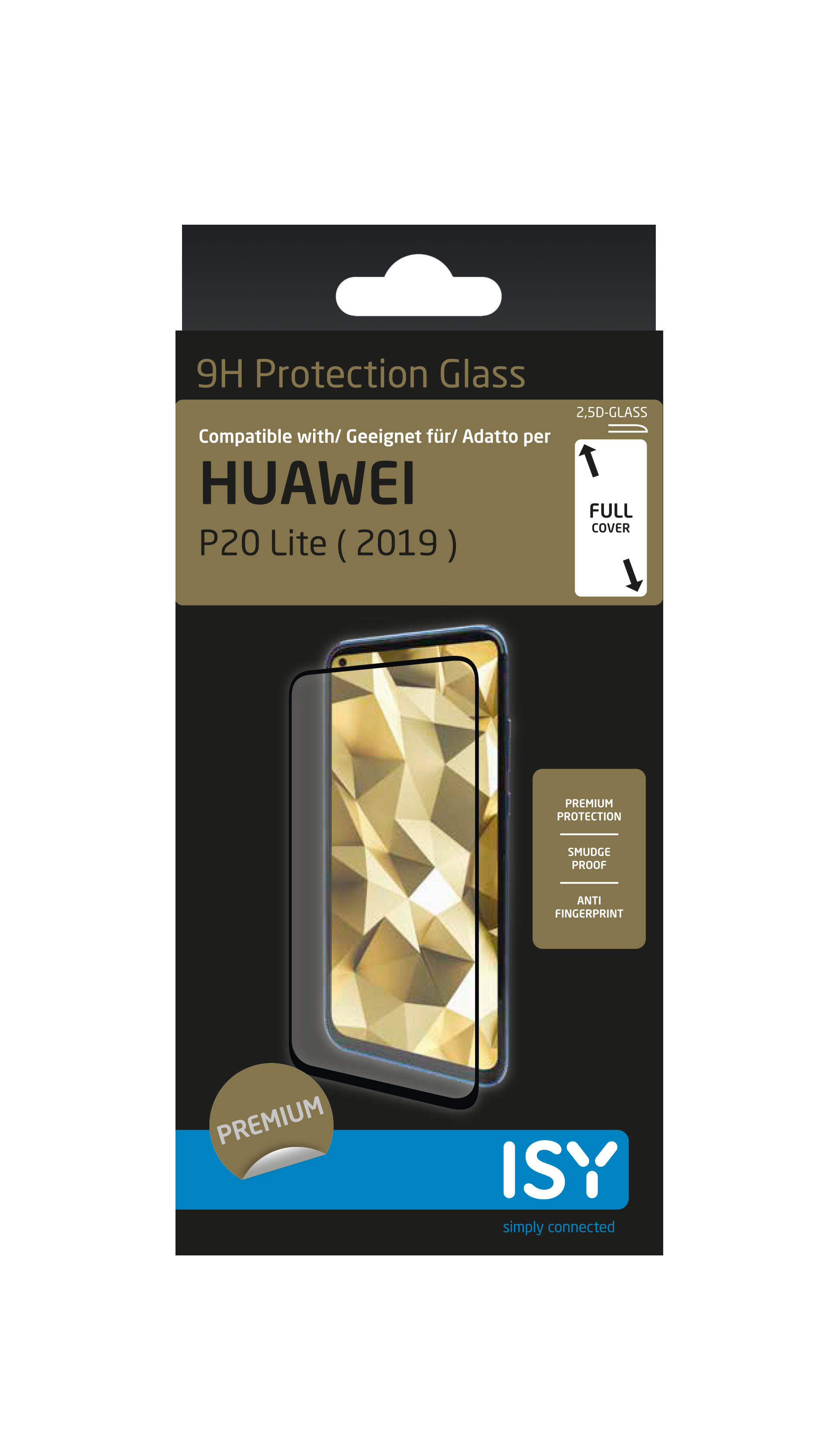 Handy-Displayschutzbox für Huawei P20 Lite (2019) auf schwarzem Hintergrund.