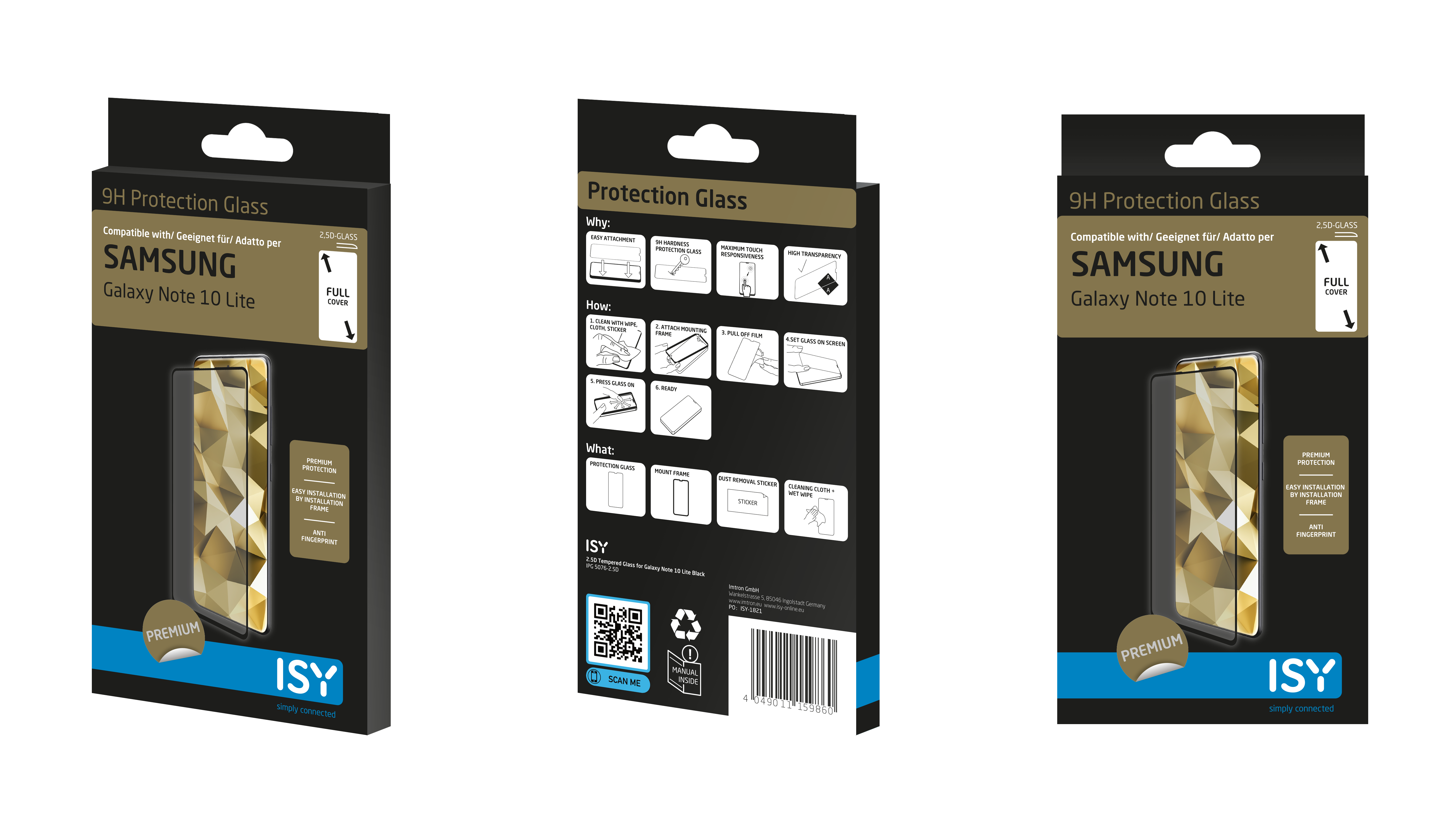 Drei Produktverpackungen für einen Samsung-Handy-Displayschutz, mit Anweisungen und stilisiertem Telefonbild.