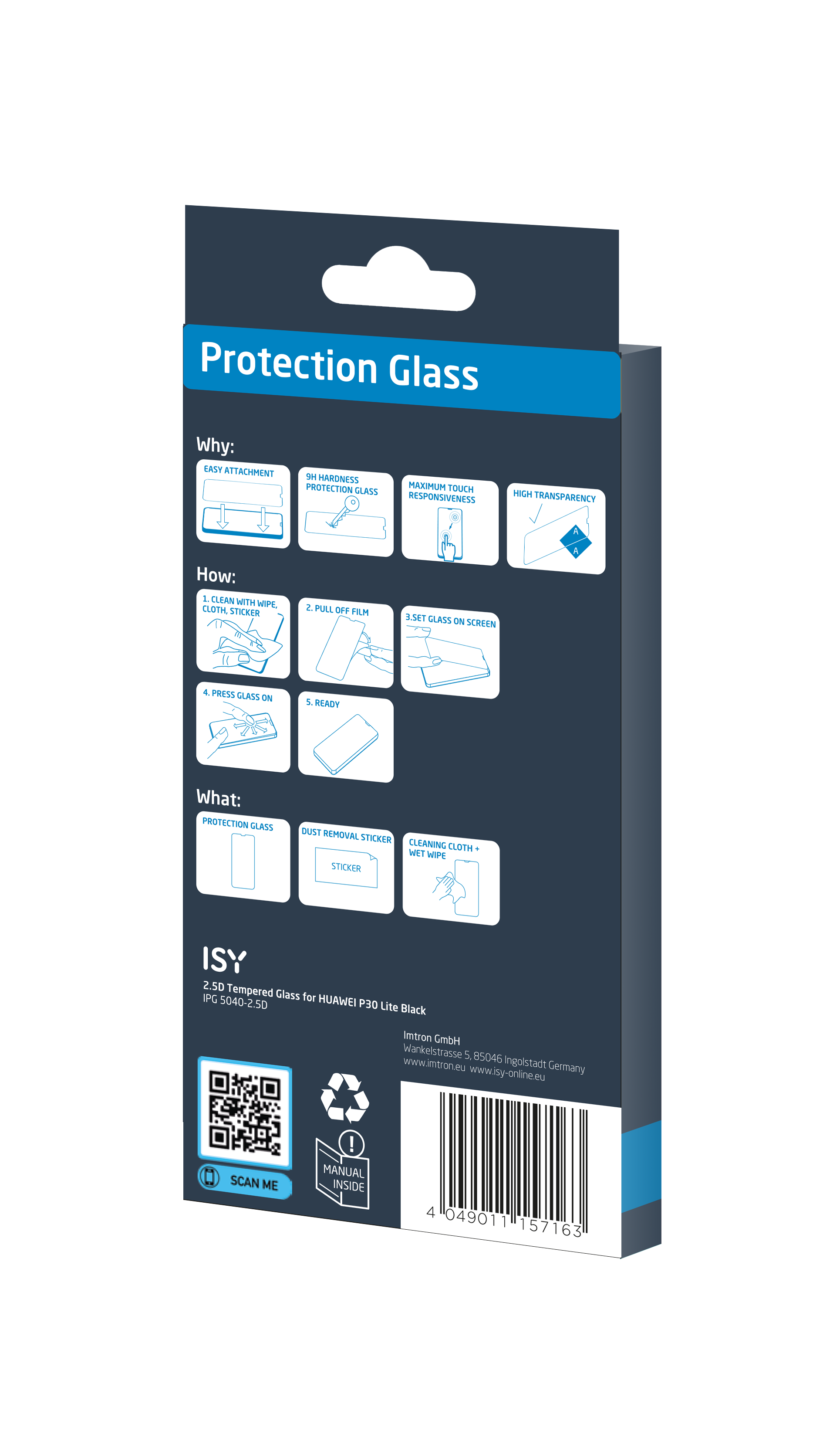 Schutzglasverpackung. Dunkelblauer Hintergrund. Weißer Text und Diagramme. Zeigt Anweisungen und einen QR-Code.