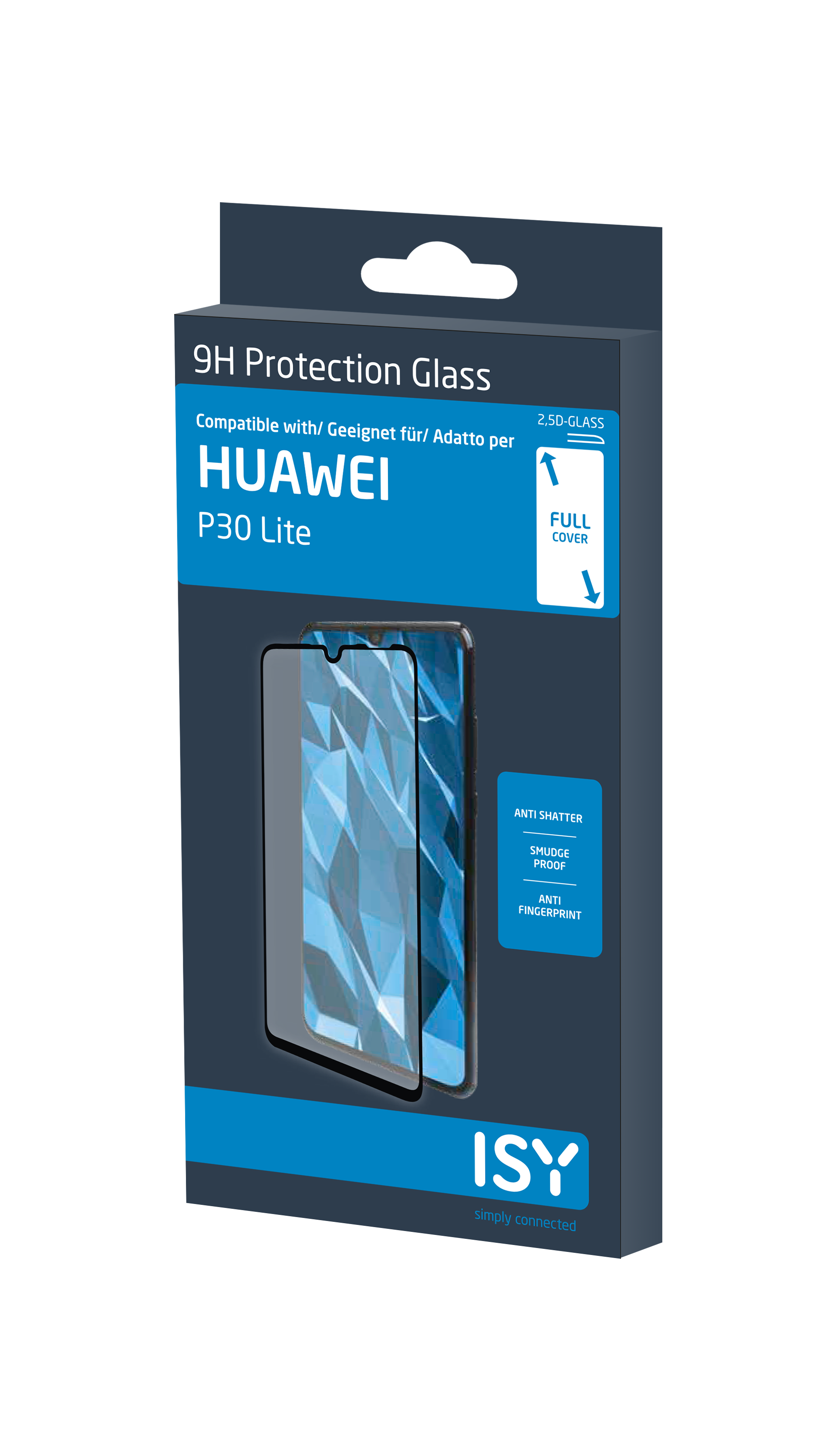 Eine Schachtel für einen Huawei P30 Lite Displayschutz. Die Vorderseite zeigt ein Telefon mit dem Schutz.