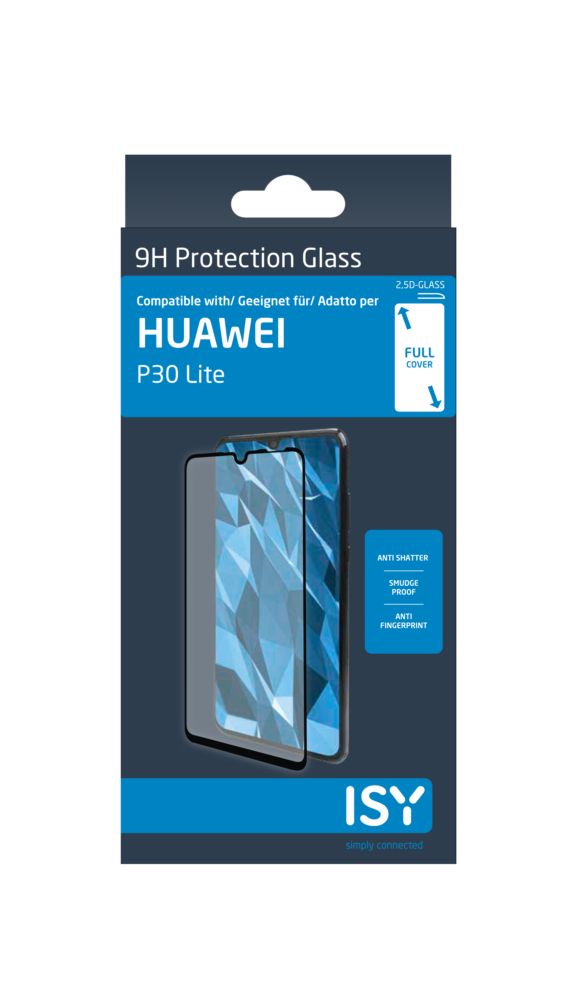 Schachtel mit 9H-Schutzglas für ein Huawei P30 Lite, dunkler Hintergrund.