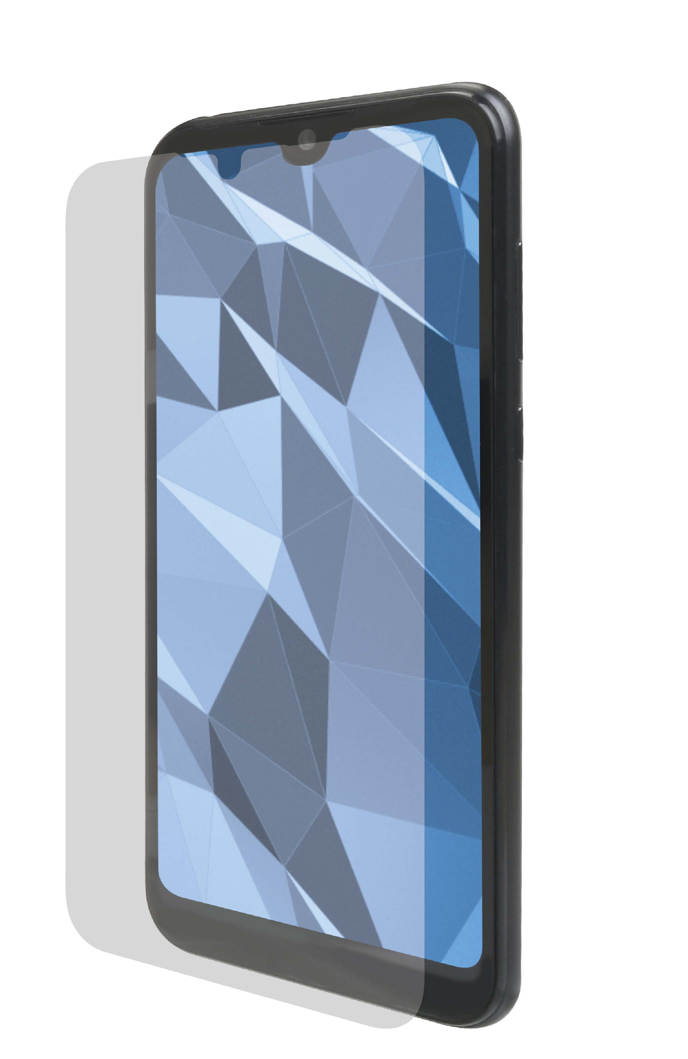 Smartphone mit Schutzfolie. Schwarzes Telefon, blauer Hintergrund.