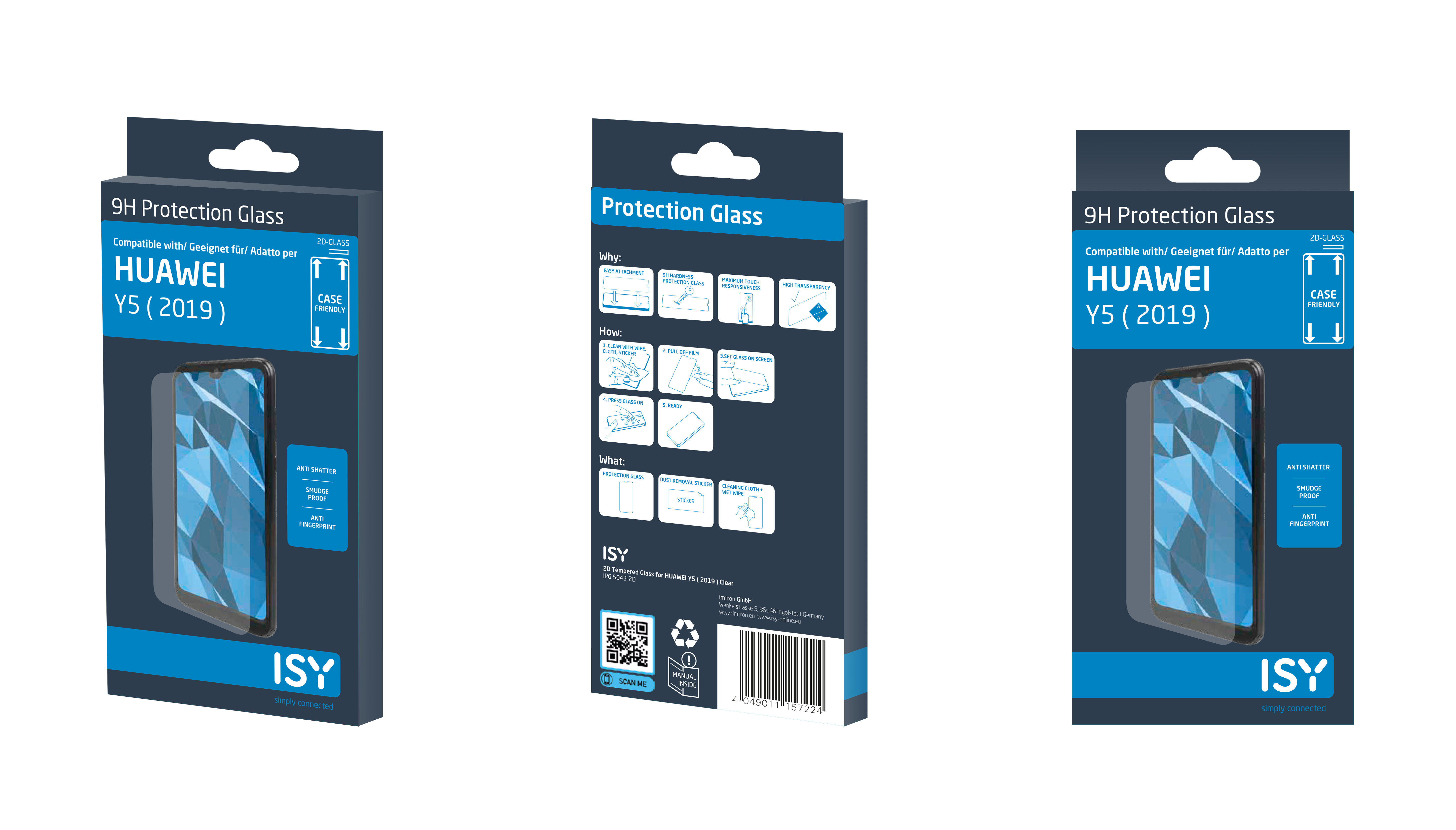 Drei Handy-Displayschutzboxen in einer Reihe. Jede zeigt das Produkt und Details.