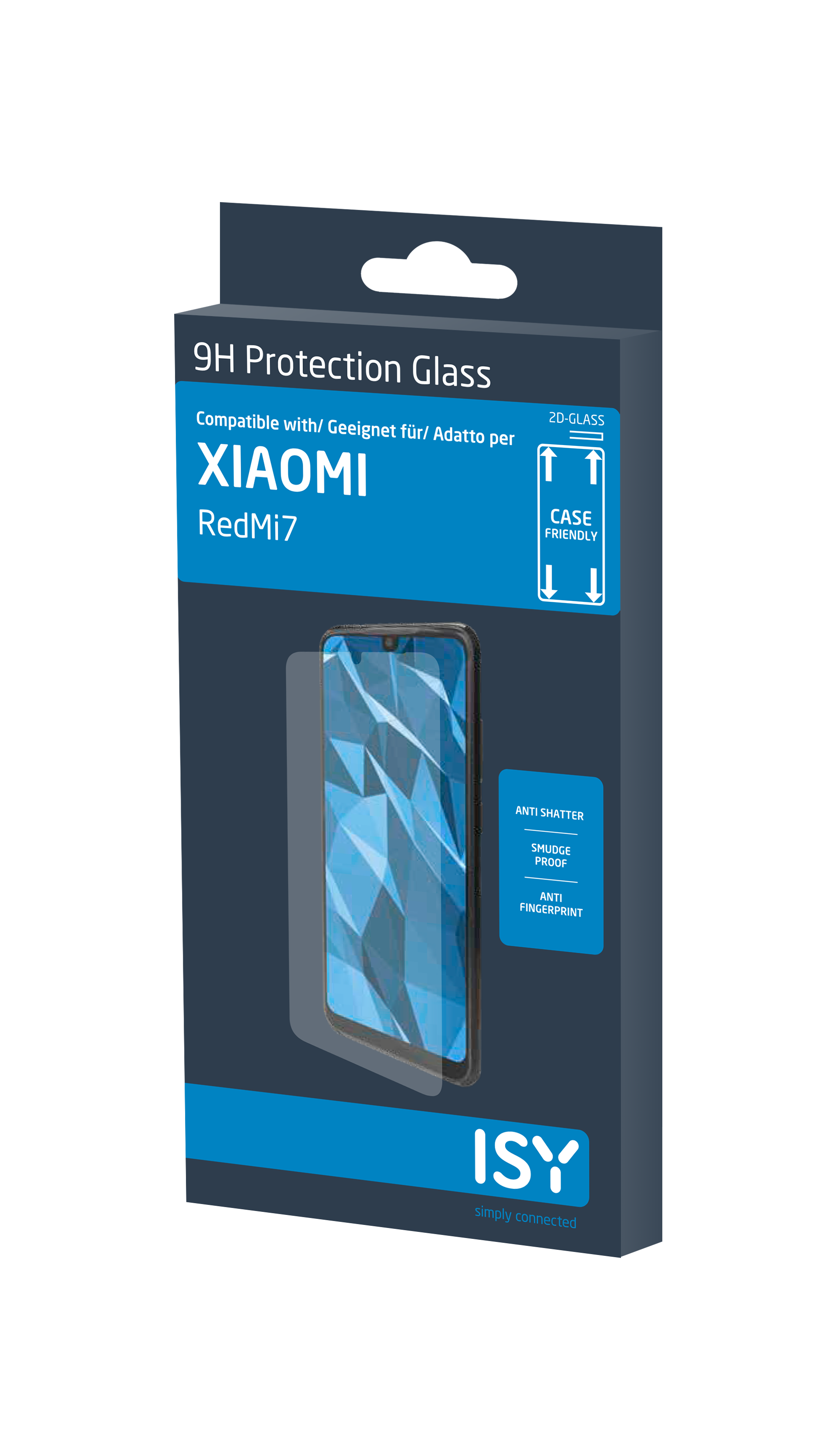 Xiaomi-Handy-Displayschutzbox. Schwarze Box, Telefonbild, Text: ISY, 9H Protection Glass.