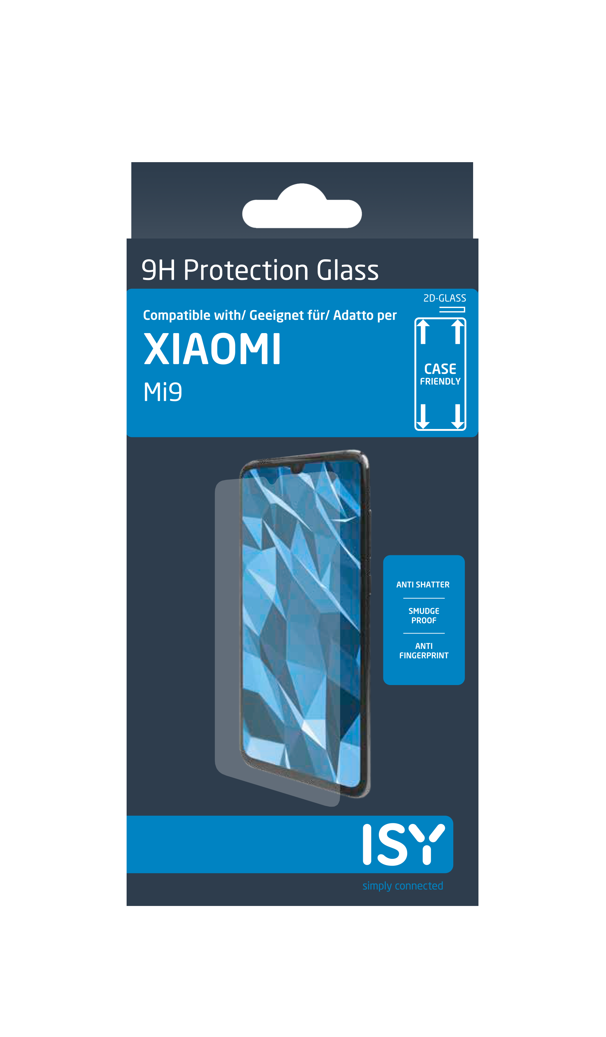 Verpackung für einen Xiaomi Mi9 Displayschutz. Das Telefon ist sichtbar.