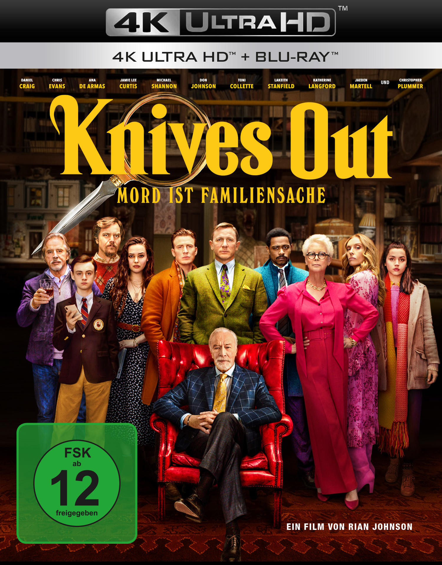 Filmposter für Knives Out, Schauspieler posieren, prominenter Titel.