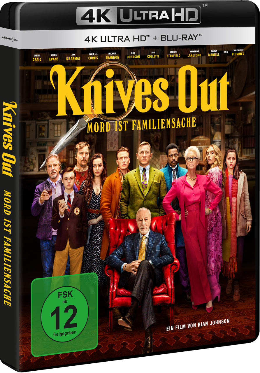 DVD-Hülle mit Schauspielern auf dem Cover. Text: Knives Out, Mord ist Familiensache.