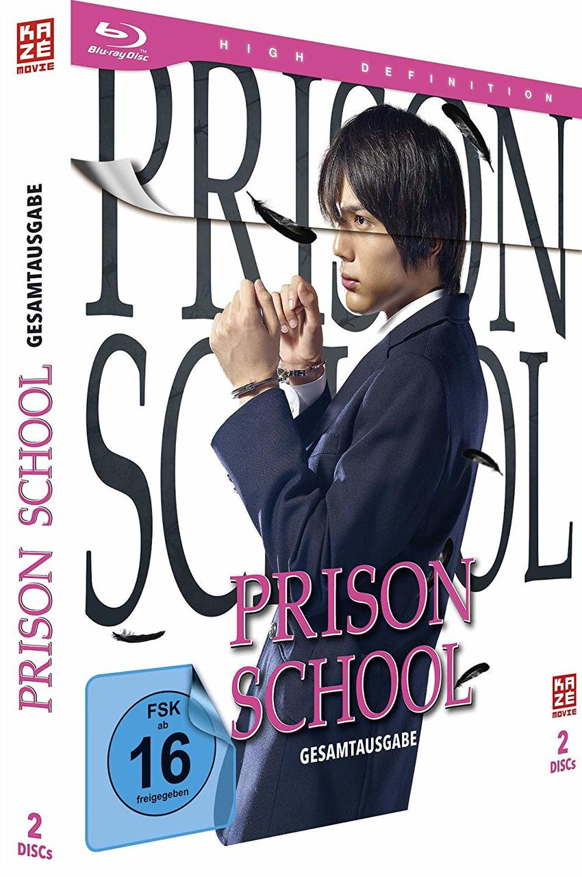 Prison School DVD-Cover, Mann im Anzug mit Handschellen, schwarzes und pinkes Design.