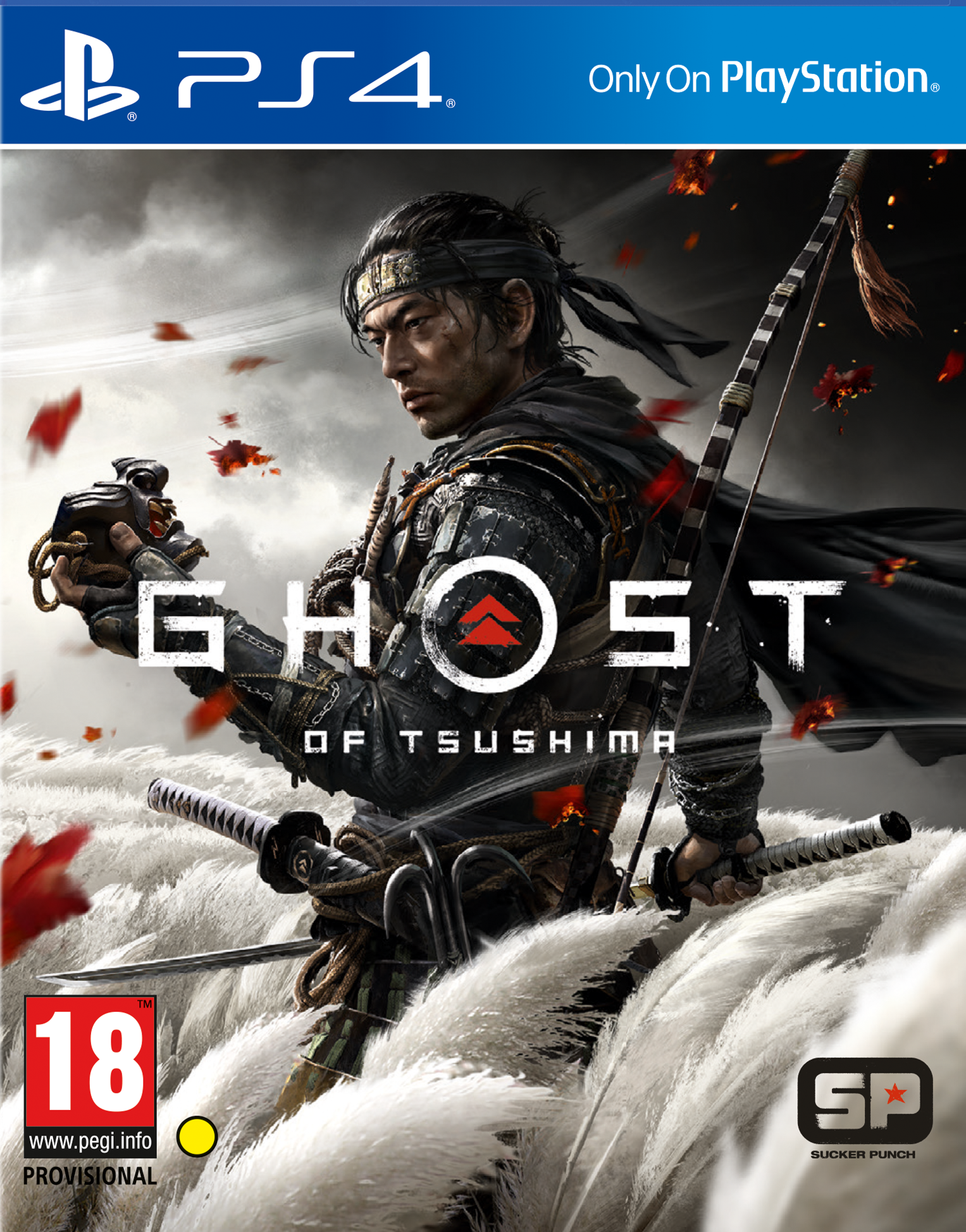 Ghost of Tsushima PS4 játék borító. Szamuráj íjjal és katanával a mezőn.