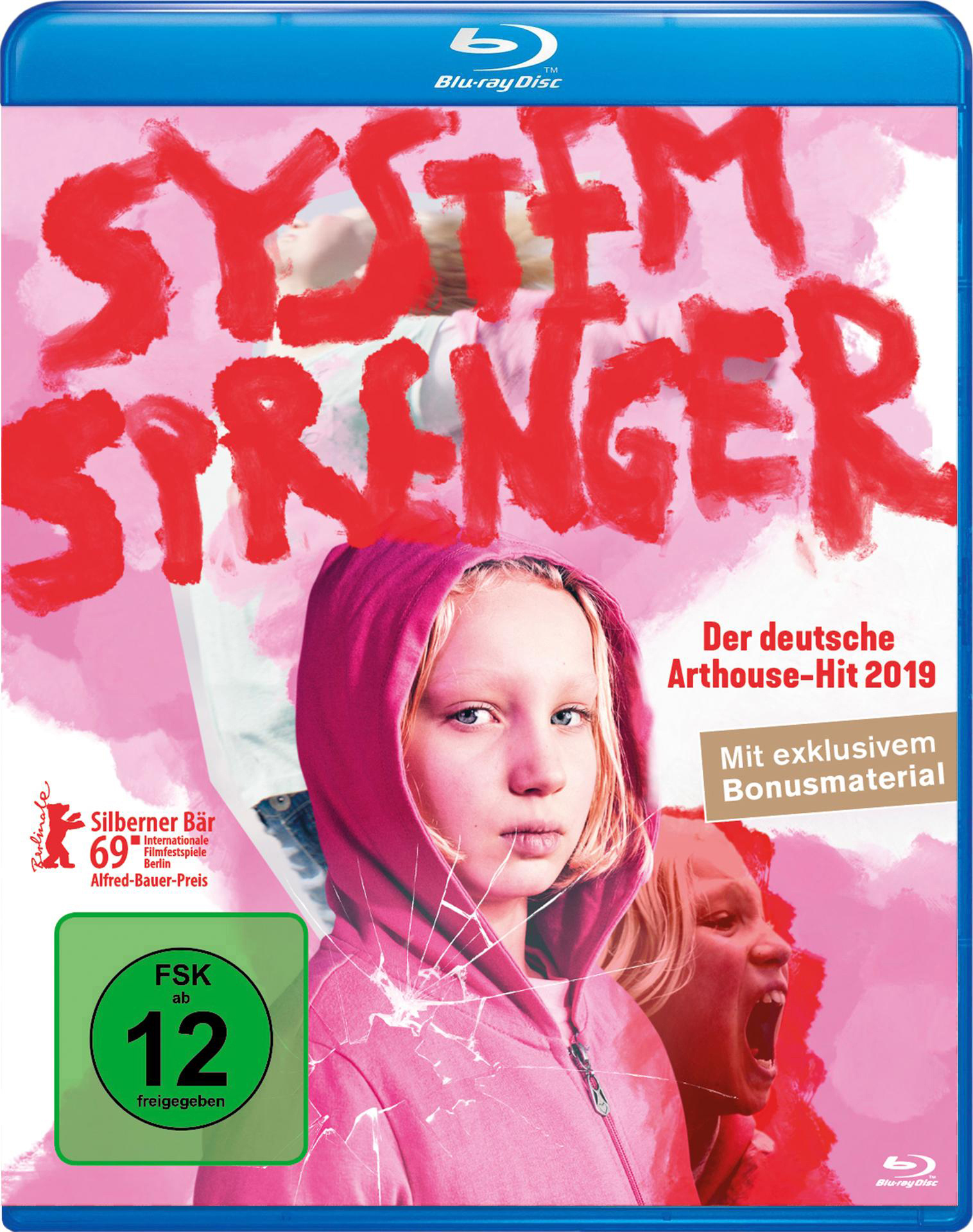 Blu-ray-Disc-Cover für 'Systemsprenger'. Ein Mädchen in einem pinken Hoodie ist zu sehen, mit Text.