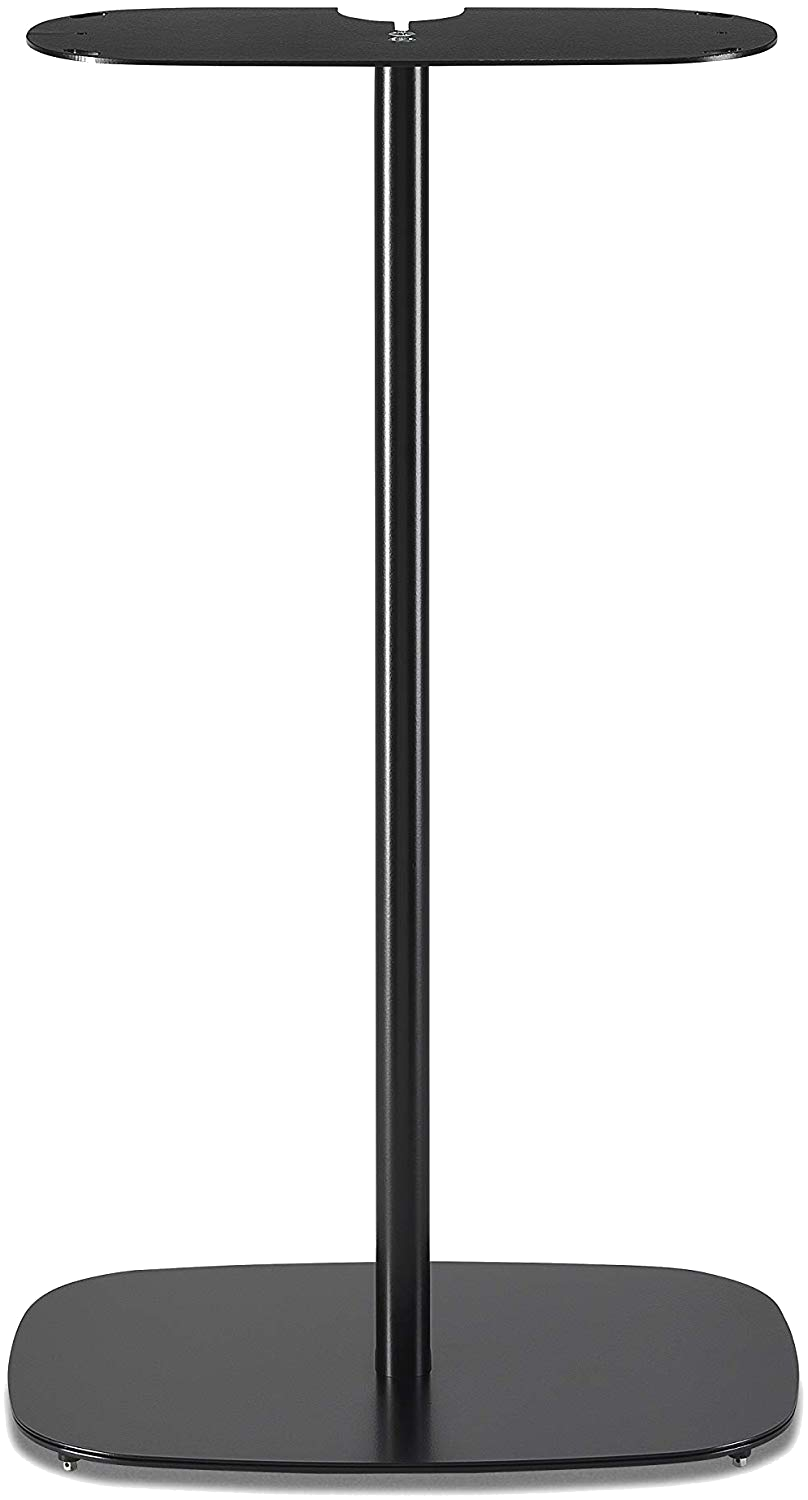 Support d'enceinte noir, poteau métallique vertical sur une base ovale. Un support d'enceinte rond au sommet.