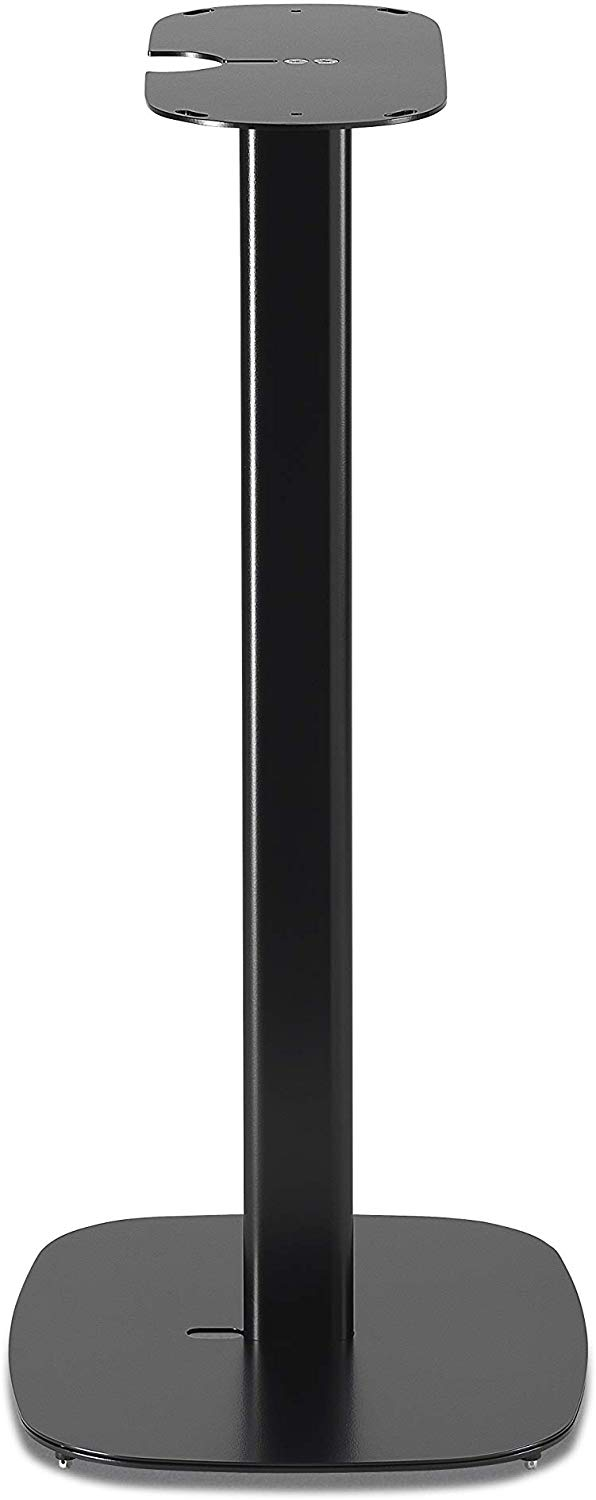 Support d'enceinte noir. Un poteau vertical haut avec une base carrée et une plaque supérieure pour une enceinte.