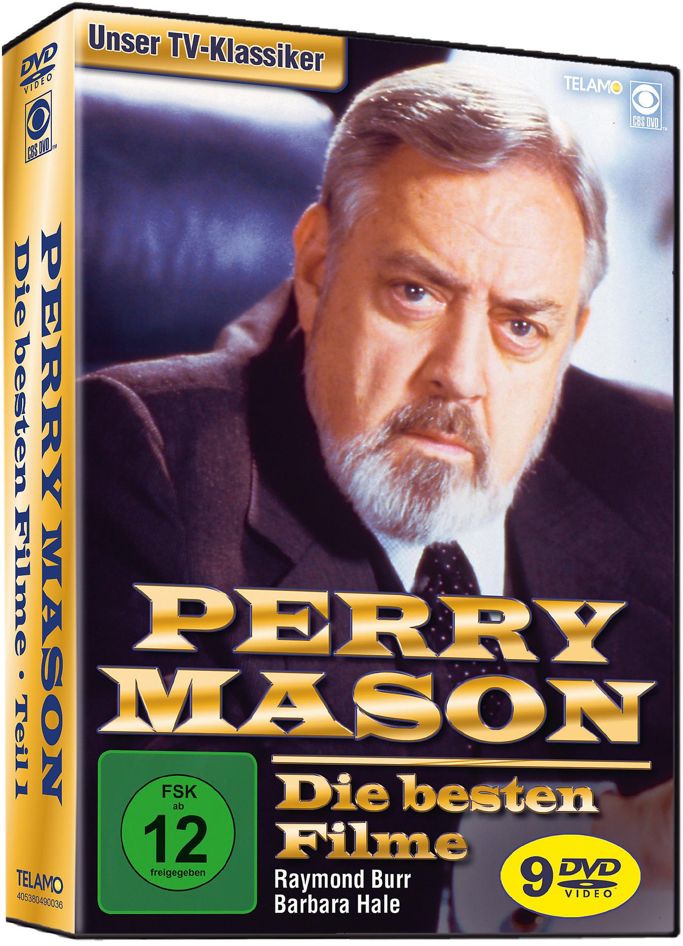 DVD-Box des Films 'Perry Mason' mit Raymond Burr. Goldene Schrift und ein Porträt.