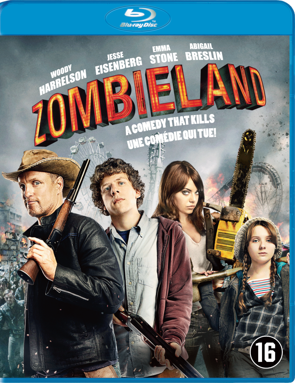 Couverture Blu-ray Zombieland avec Woody Harrelson et Jesse Eisenberg. Comprend une tronçonneuse et un fusil.