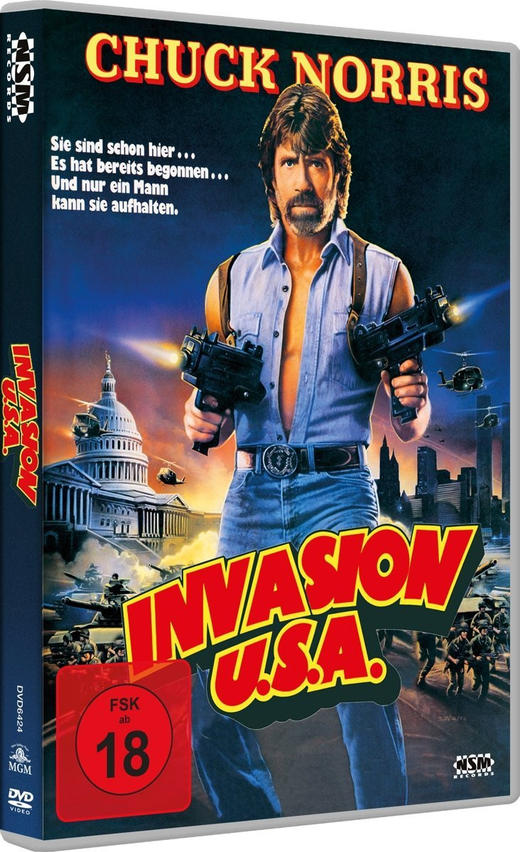 Chuck Norris hält zwei Waffen, auf einem DVD-Cover mit Text und Actionszenen.