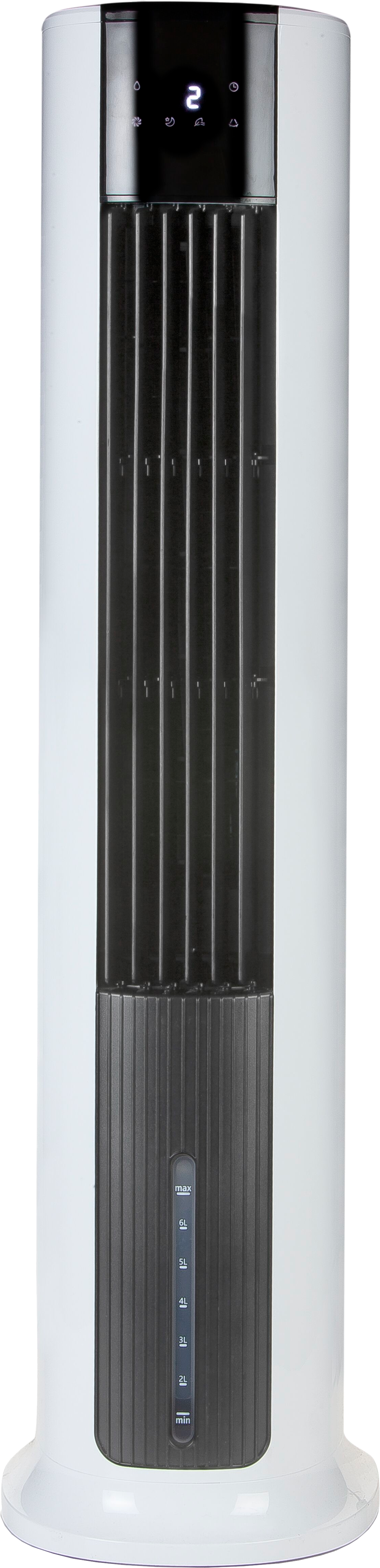 Un ventilateur tour grand, blanc et gris, montrant le panneau avant et les commandes.