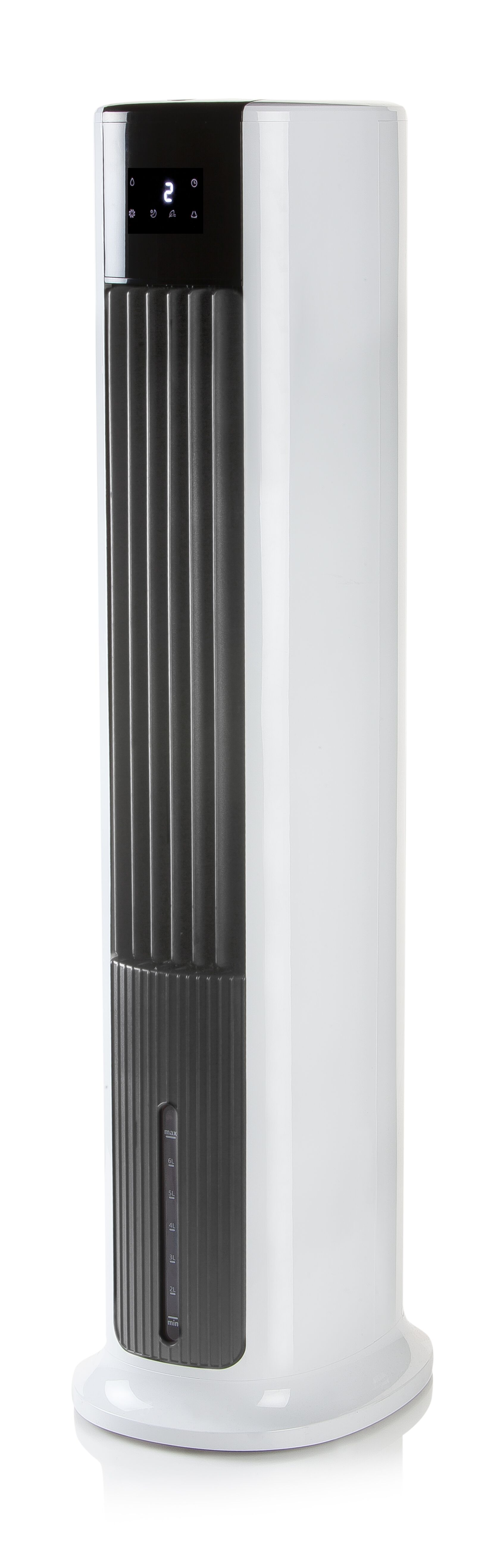 Ventilateur tour moderne, haut et blanc. Comporte un panneau noir et un affichage numérique.