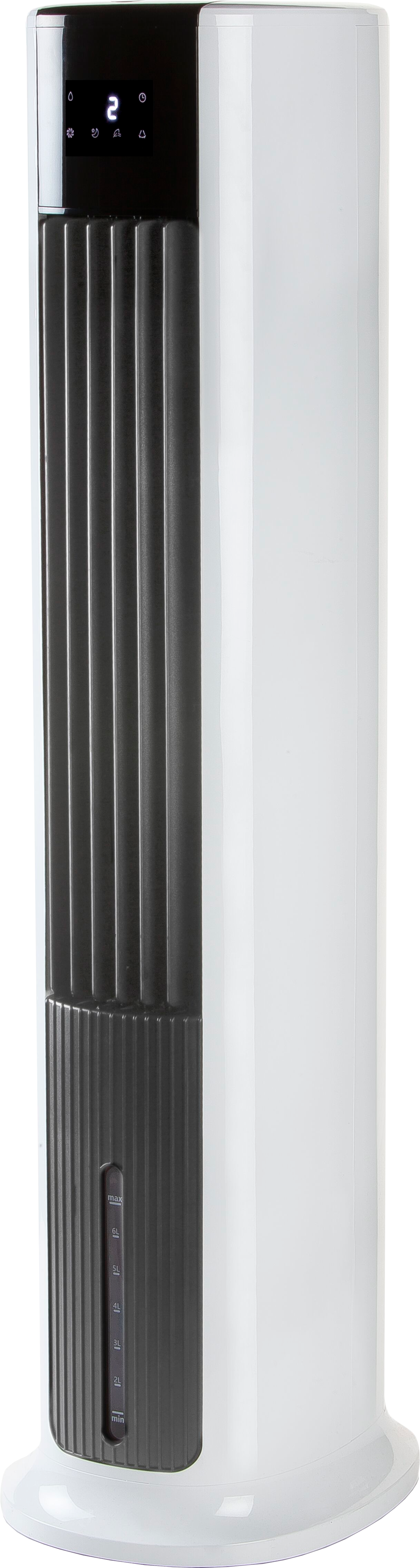 Ventilateur tour blanc avec des ouvertures noires et un panneau de contrôle en haut. Fond noir.