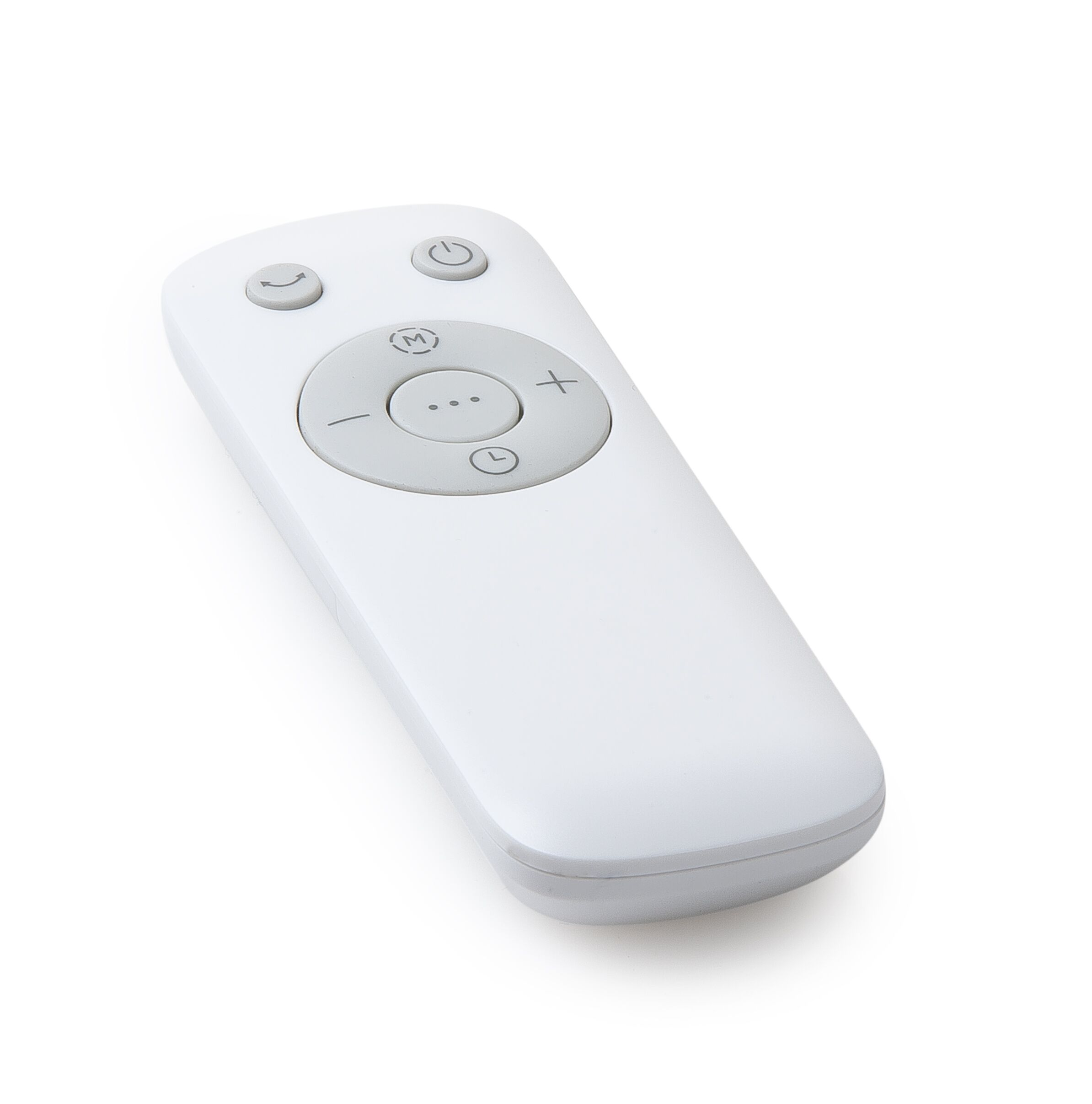 Une télécommande blanche avec plusieurs boutons. Elle est sur fond blanc.