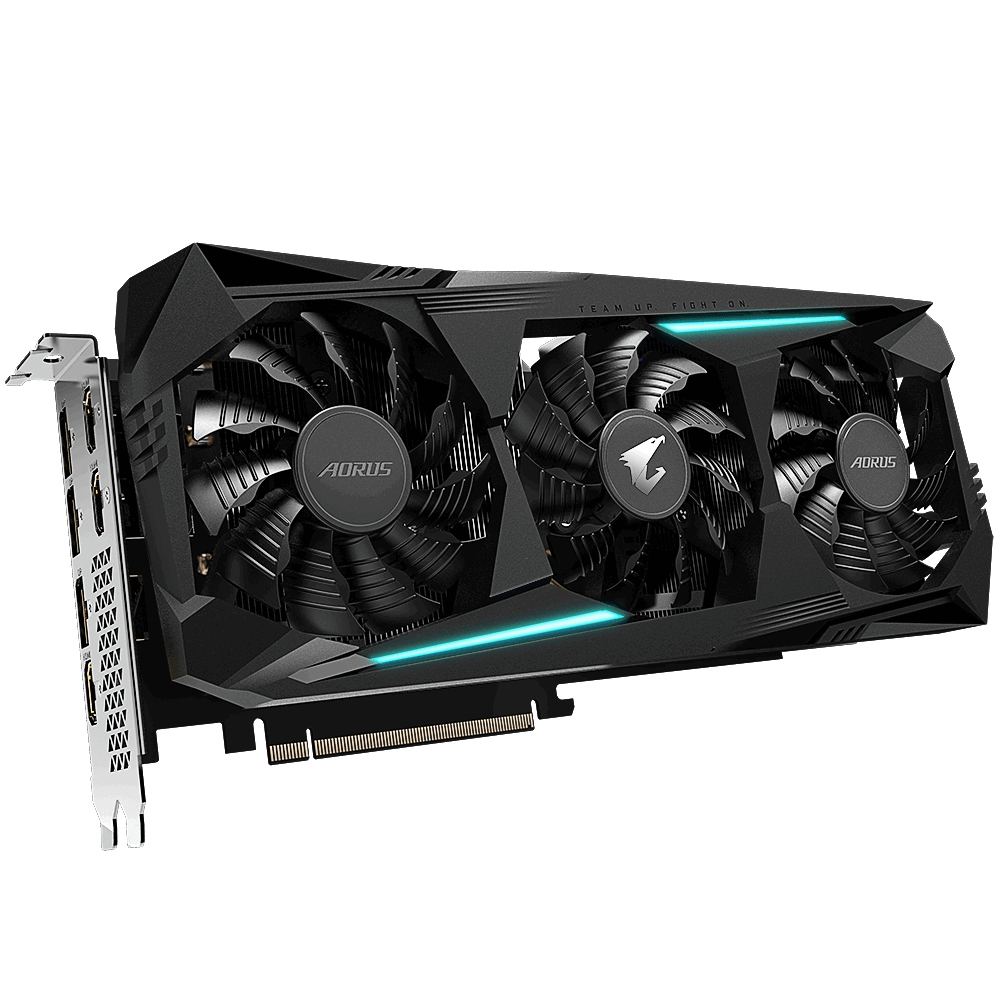 Eine schwarze und silberne Grafikkarte mit drei Lüftern und dem AORUS-Logo. Es hat ein schwarzes Design.