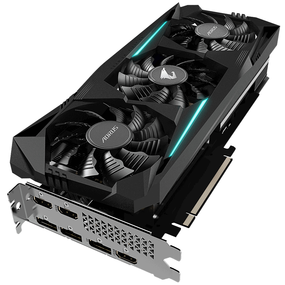 Eine schwarze Grafikkarte mit drei Lüftern, dem Aorus-Logo und vielen Anschlussports.