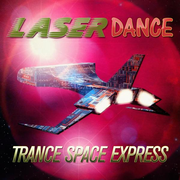 Albumcover von 'Trance Space Express' von Laser Dance. Zeigt ein Raumschiff über einem rot-rosa Hintergrund.