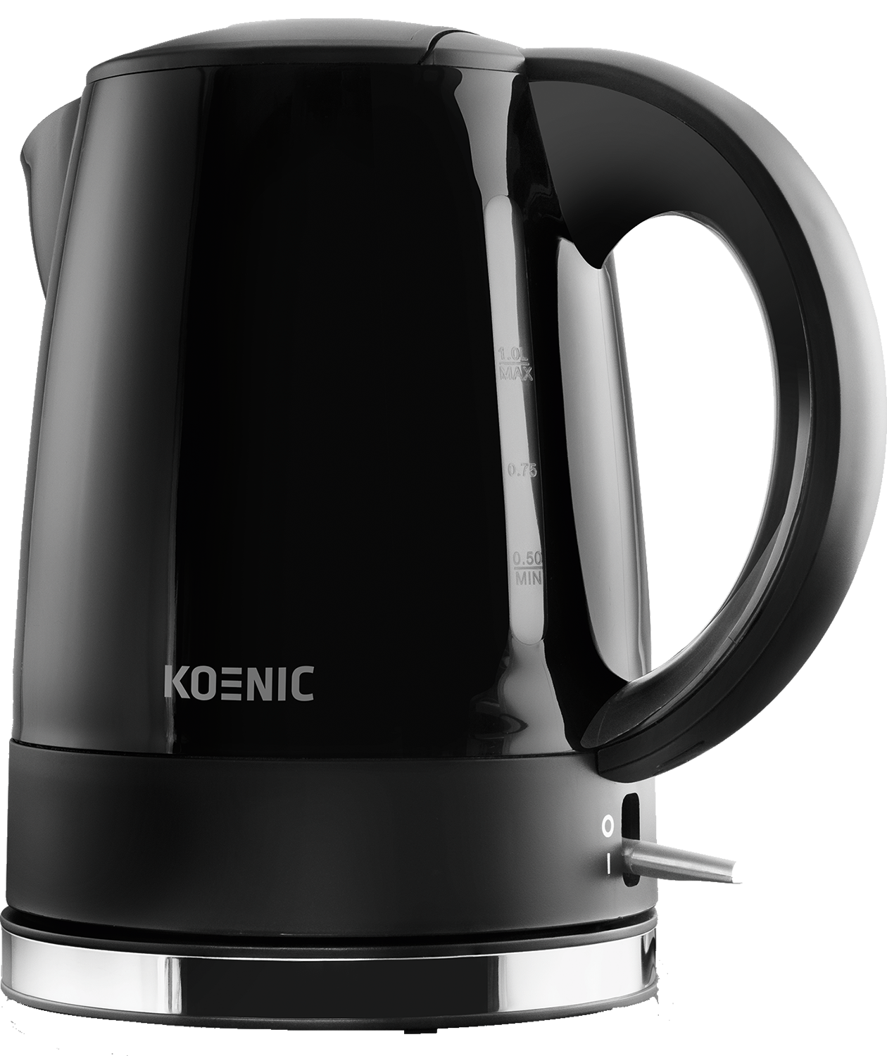 Een zwarte elektrische waterkoker met een handvat en een waterniveau-indicator. Het merk is 'KOENIC'.