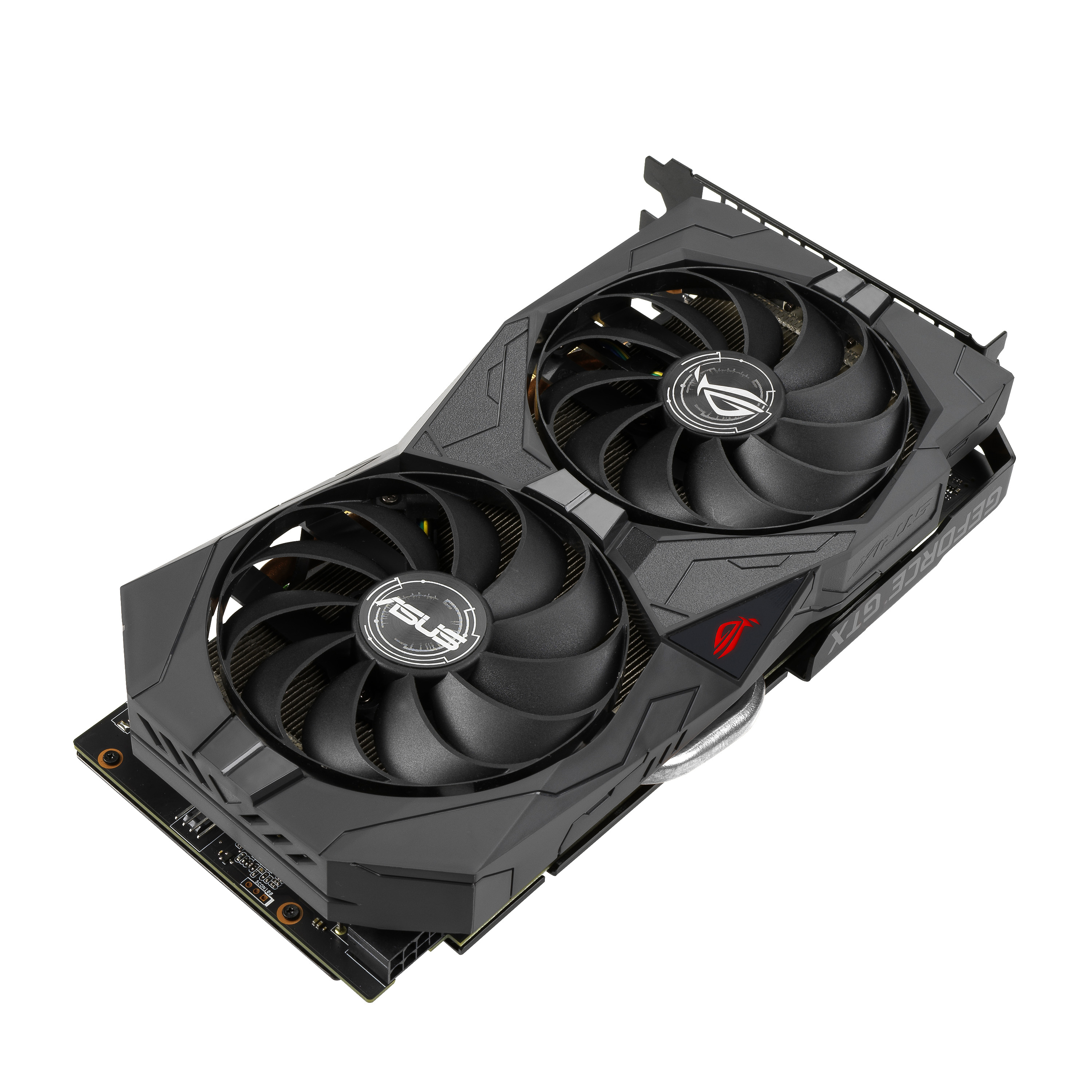 Eine schwarze Grafikkarte mit zwei Lüftern, einem schwarz-grauen Gehäuse und dem ASUS-Logo.