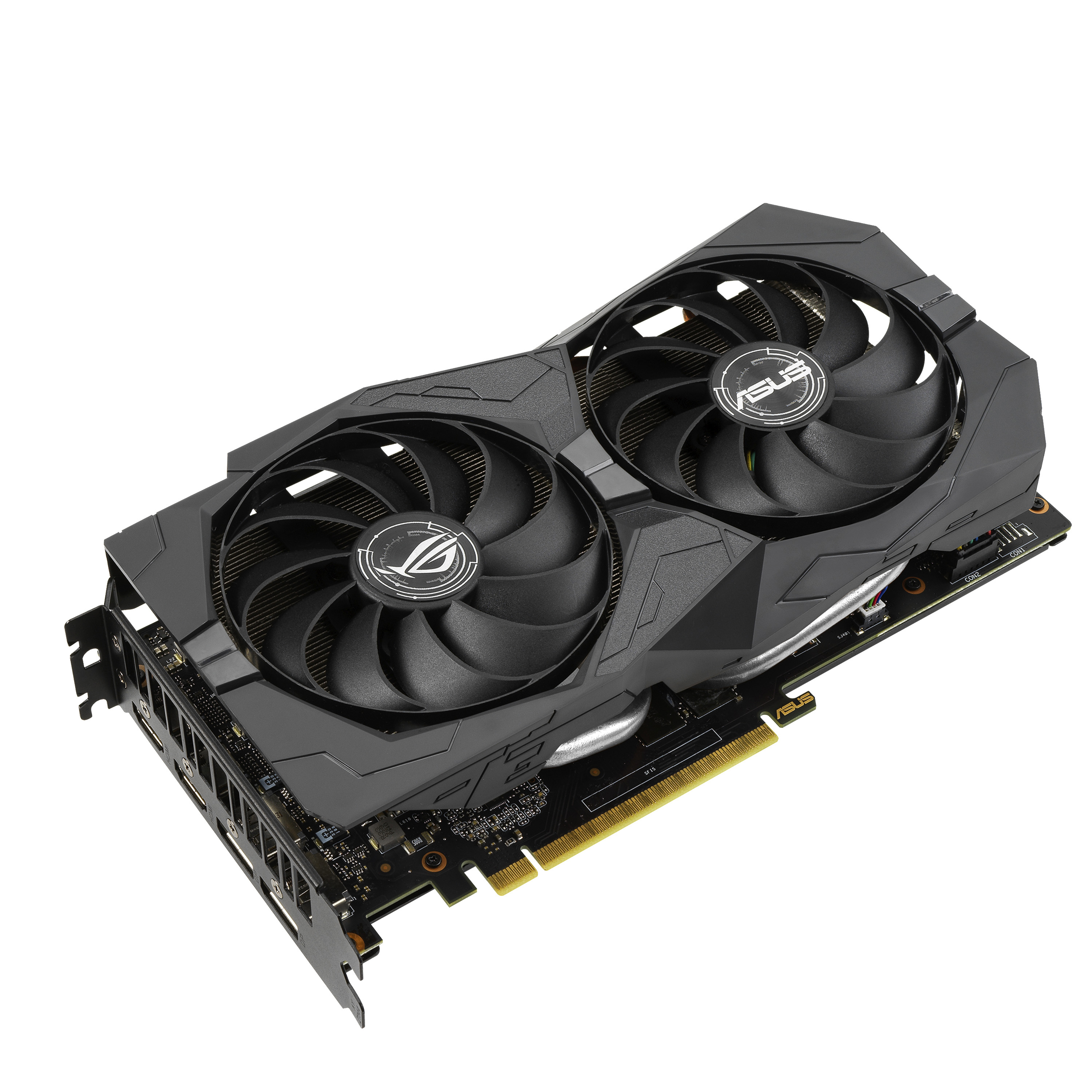 Schwarze ASUS Grafikkarte mit zwei Lüftern, auf weißem Hintergrund, abgewinkelte Ansicht.