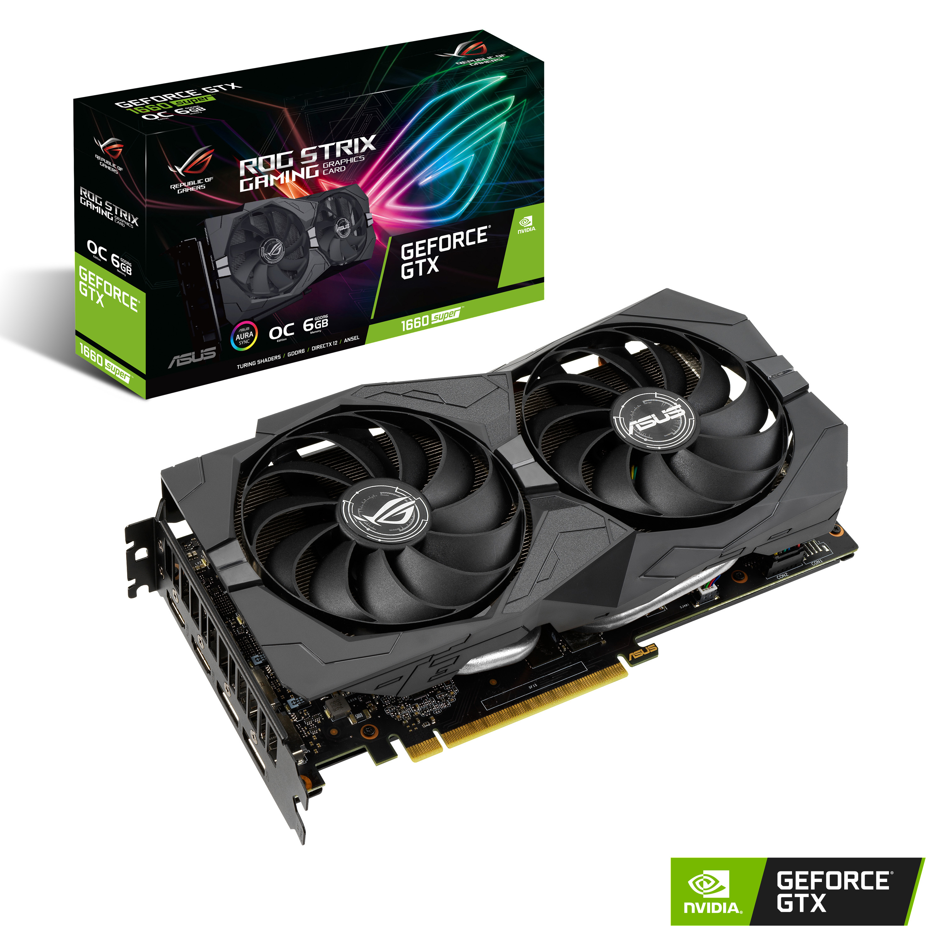 Grafikkarte mit zwei Lüftern und einer Box. Text: ROG STRIX GAMING, GEFORCE GTX 1660 SUPER.