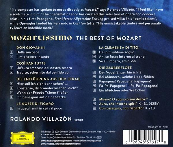 La couverture arrière d'un boîtier de CD avec du texte sur Mozart et une liste de chansons.