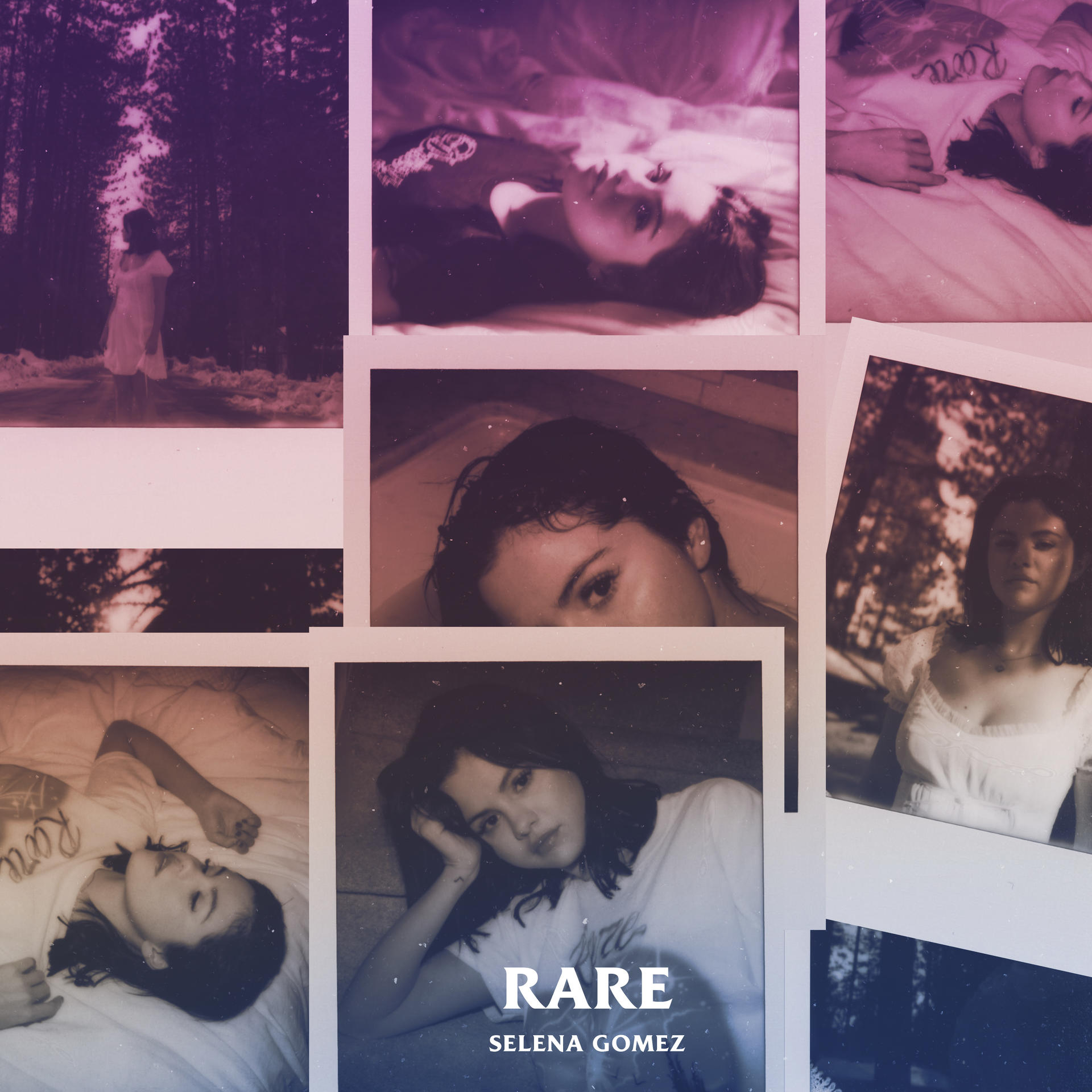 Collage d'images de Selena Gomez, avec le mot "Rare" en bas.