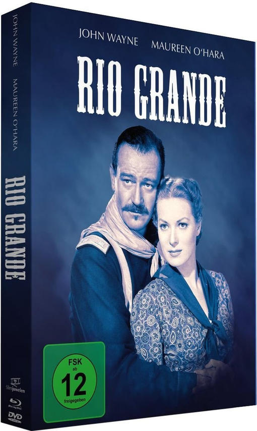DVD-Cover des Films Rio Grande mit John Wayne und Maureen O'Hara, in dunkler Umgebung.