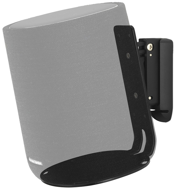 Een speaker gemonteerd op een zwarte muurbeugel. De speaker is grijs.