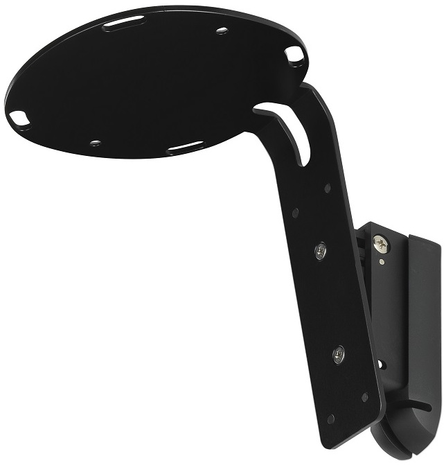 Een zwarte muurbeugel voor een luidspreker, met een ovale steun en een gebogen arm.