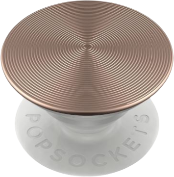 Roségoldener PopSocket auf weißer Basis. Konzentrisches Kreismuster oben, Text auf der Basis.
