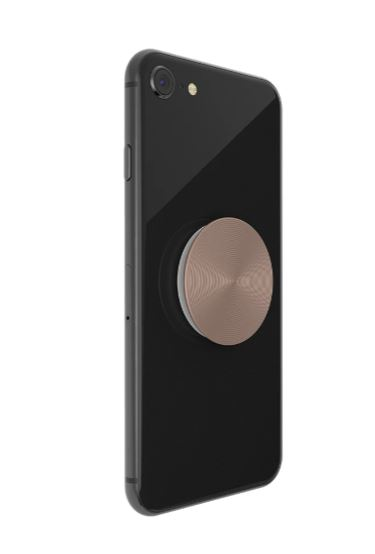 Ein schwarzes Smartphone mit einem hellbraunen PopSockets-Griff. Auf der Rückseite ist eine Kamera zu sehen.