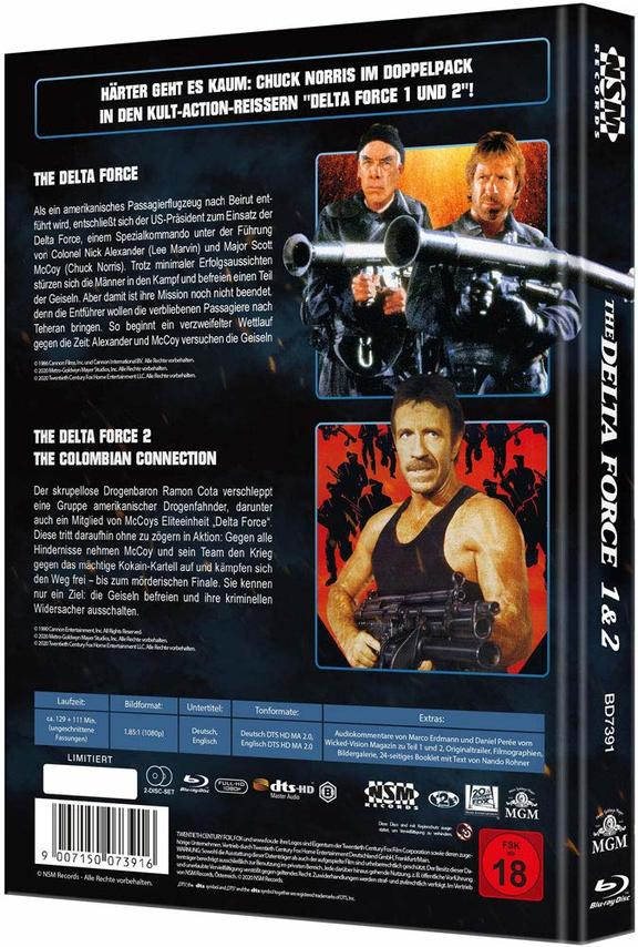 Rückseite der Delta Force 1&2 DVD. Zeigt Chuck Norris in Actionaufnahmen. Text und Bilder.
