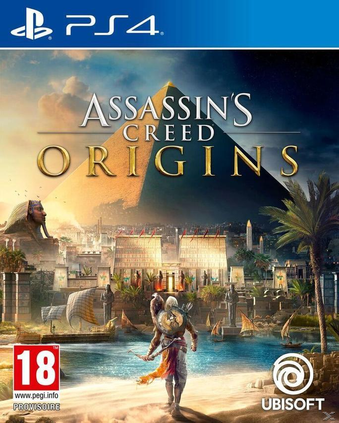 Videogame-cover met een farao, piramides en een stadsgezicht.
