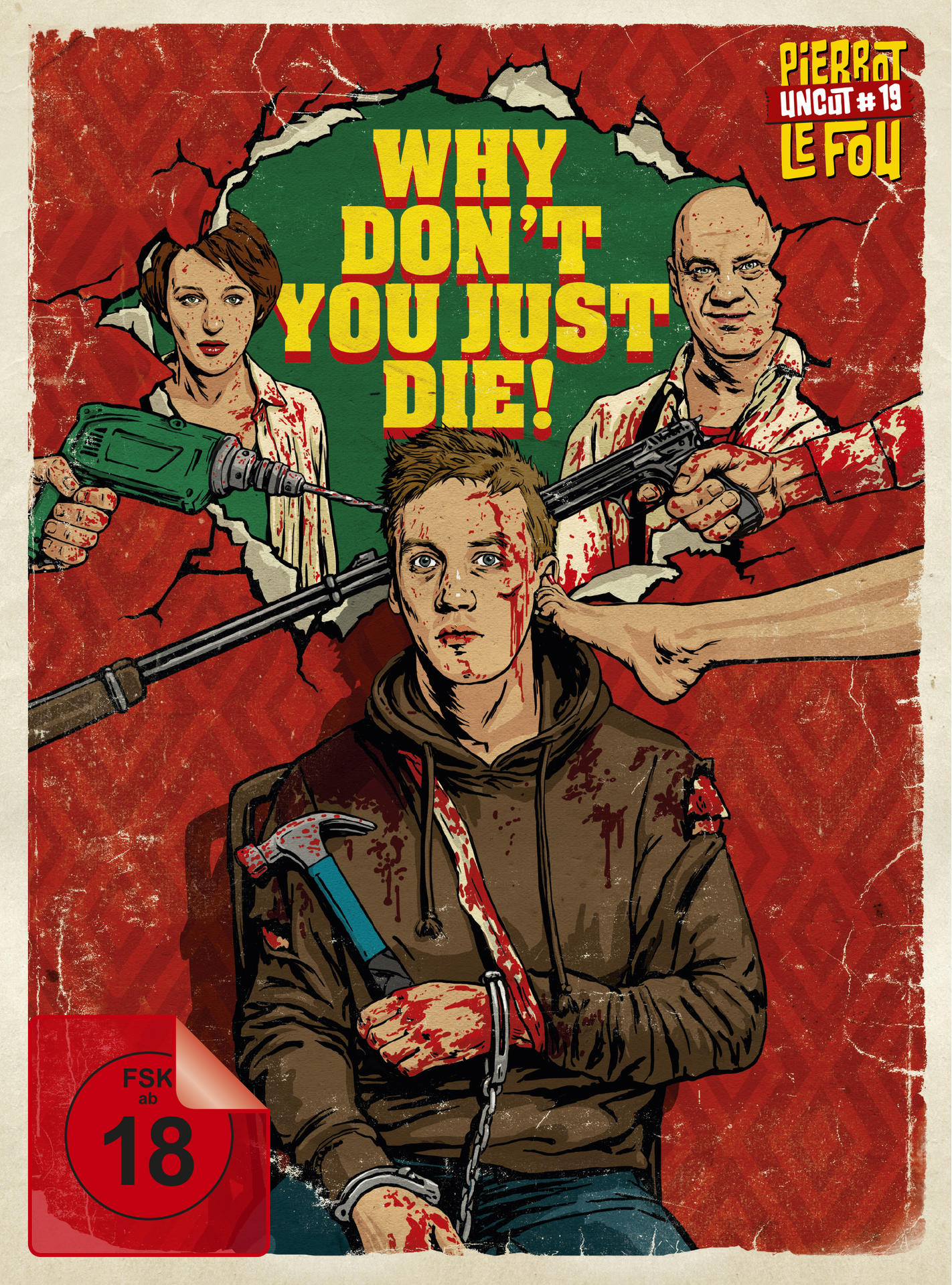Filmcover. Ein Mann mit Blut, umgeben von drei Personen mit Waffen, auf zerrissenem rotem Hintergrund.