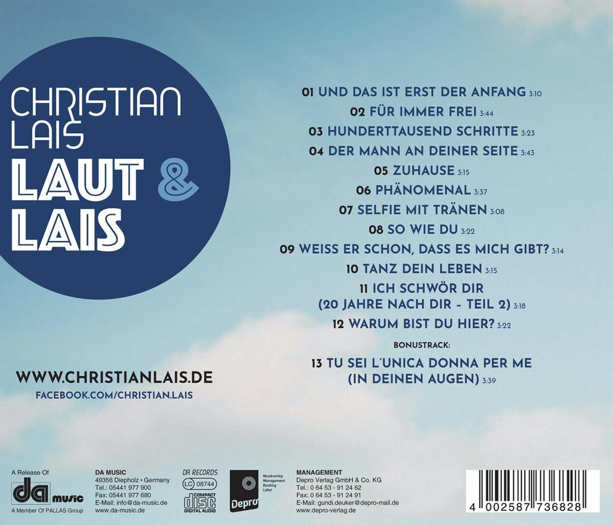 CD-Cover mit Text: Christian Lais, Laut & Lais, Tracklist mit Songs und Website-Informationen.
