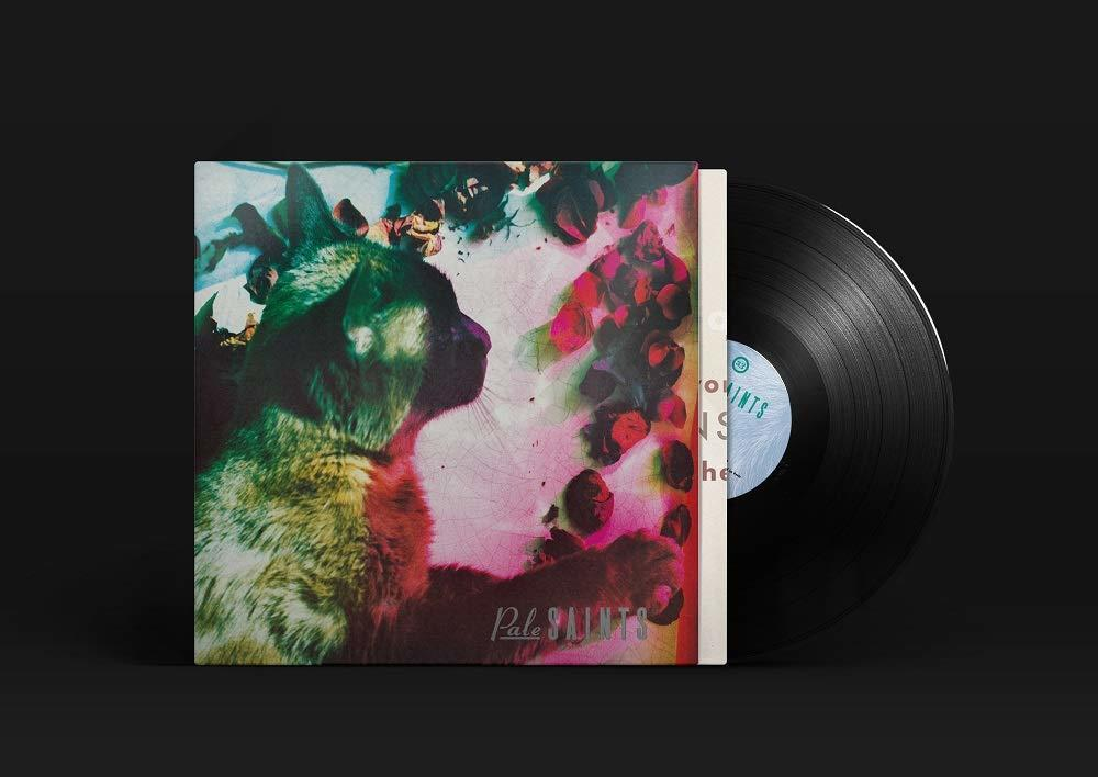 Vinyle dans une pochette avec un chat, sur fond noir. Étiquette du disque visible.