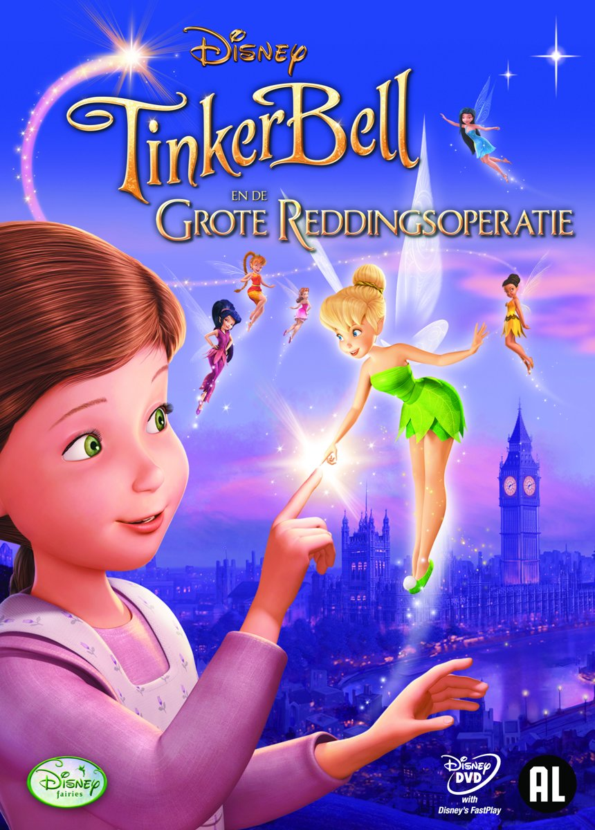 DVD-hoes: Tinker Bell en de Grote Feeënredding. Een meisje wijst naar Tinker Bell.