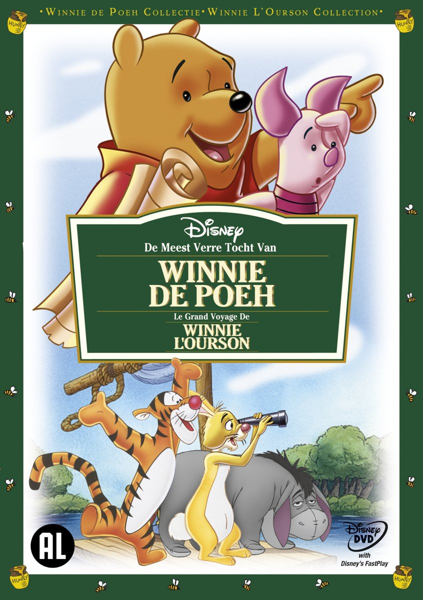 DVD-hoes met Winnie the Pooh-personages. Groene en witte tekst. Groene rand met bijen.