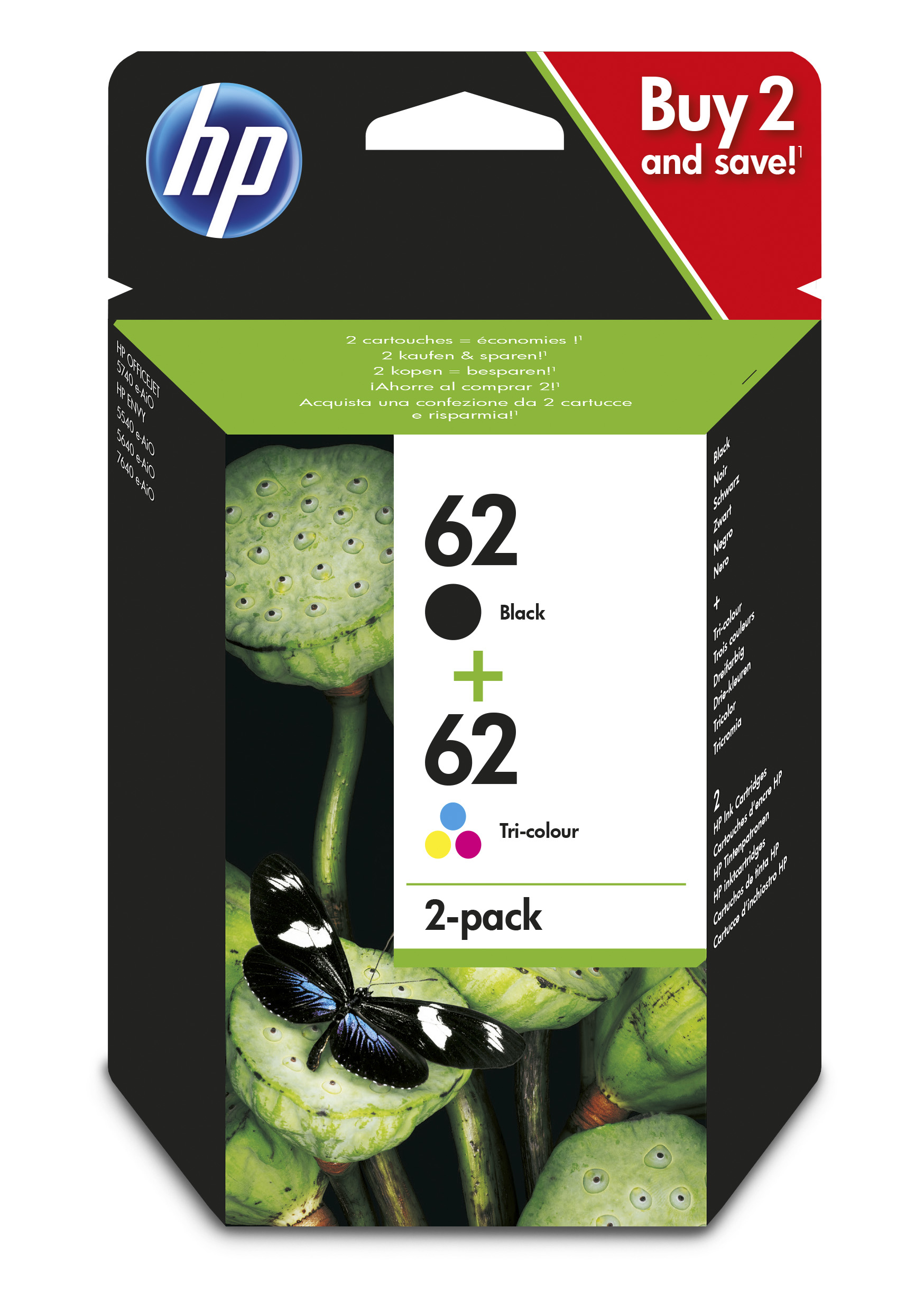 Ein 2er-Pack HP 62 Tintenpatrone. Enthält Schwarz- und Dreifarbpatronen. Hintergrund: Schmetterling, Lotus.