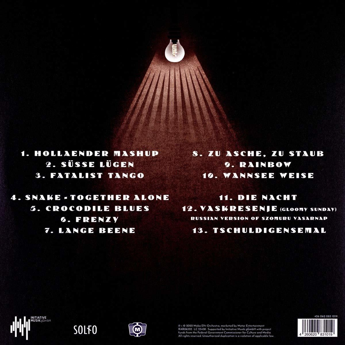 Album-Rückseite. Schwarzer Hintergrund, Glühbirne, Titelliste und Albumdetails.