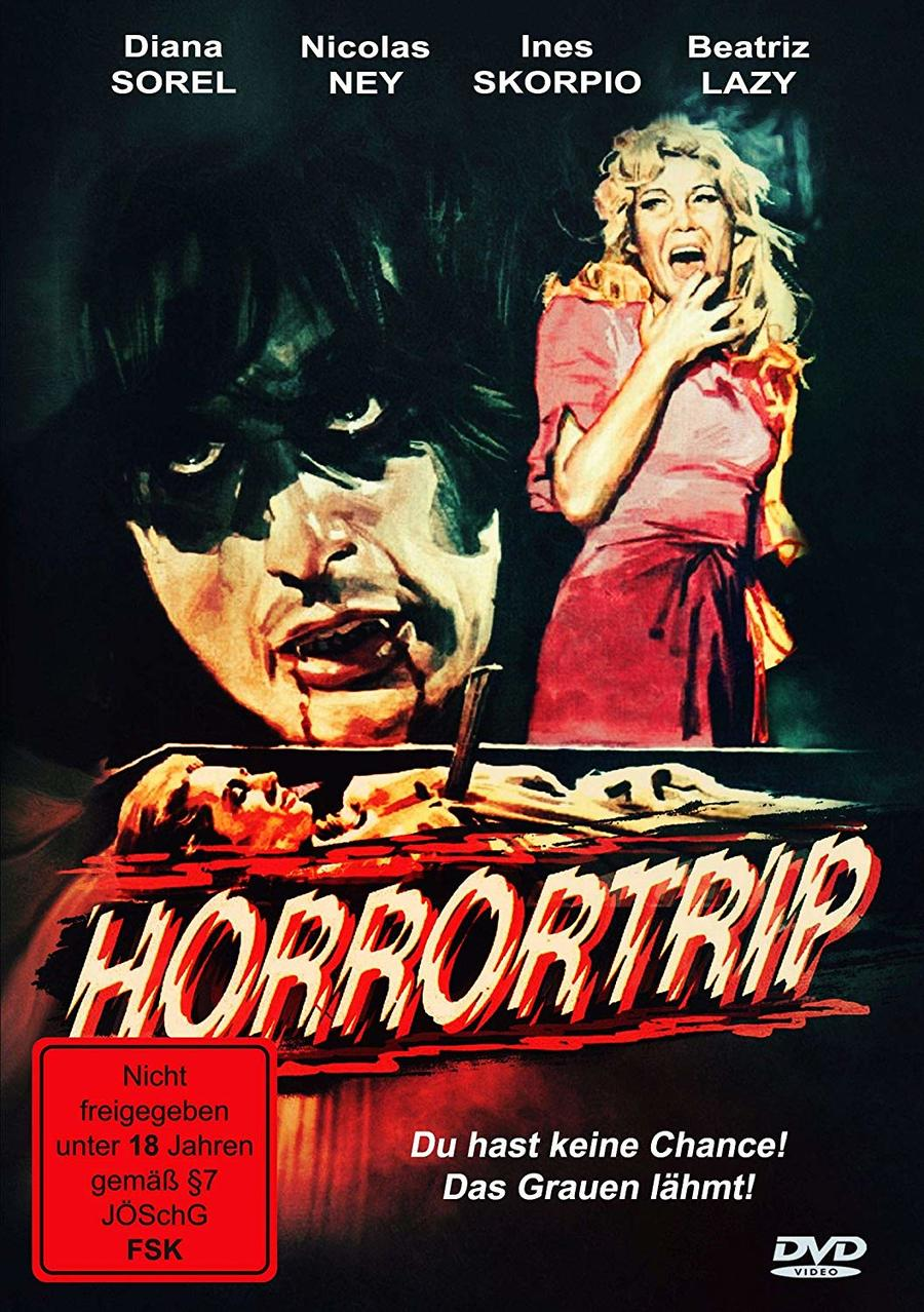Filmplakat 'Horrortrip'. Ein Mann mit Vampirgesicht und eine schreiende Frau. Rote und schwarze Farben.