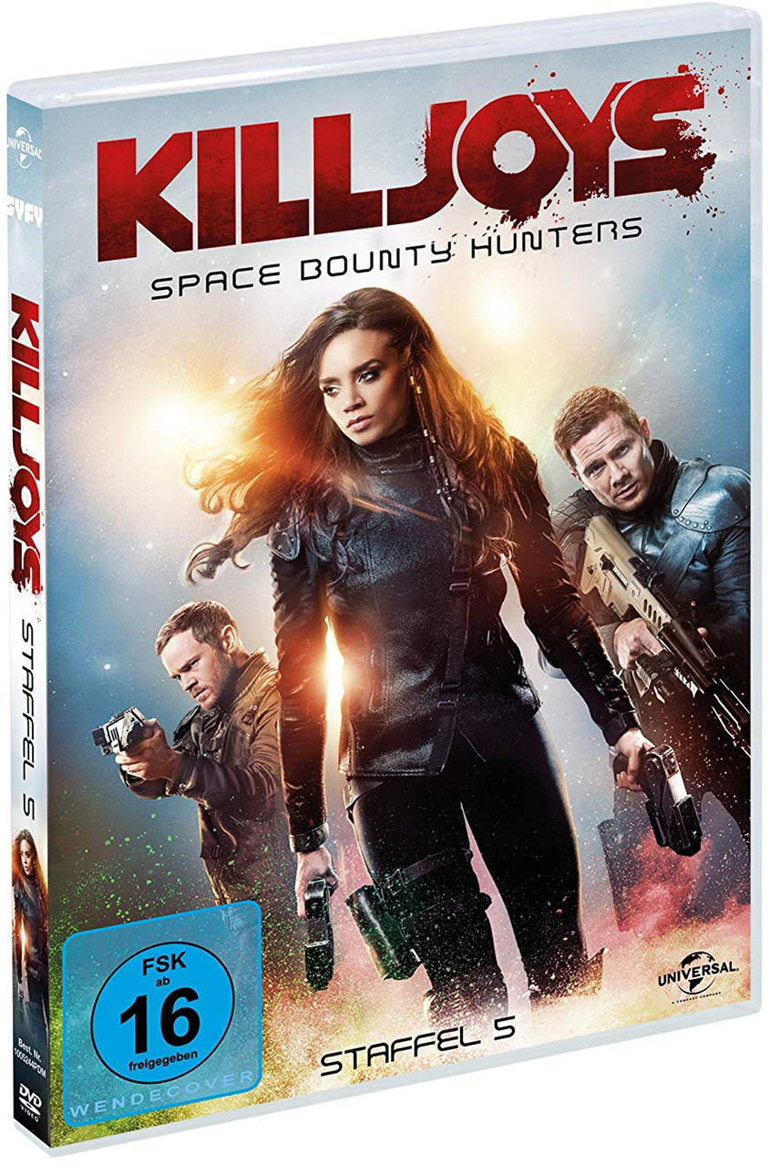DVD-Cover für Killjoys: Space Bounty Hunters. Zeigt drei Personen mit Waffen und den Serientitel.